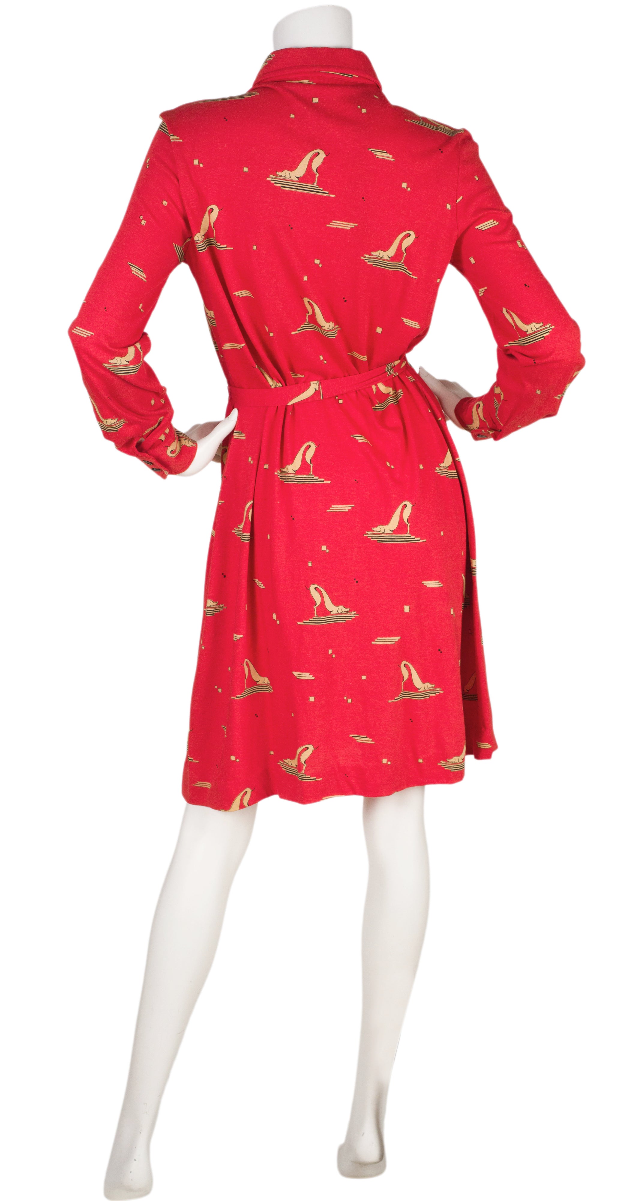 1970s Greyhound Art Deco Print Jersey Shirt Dress