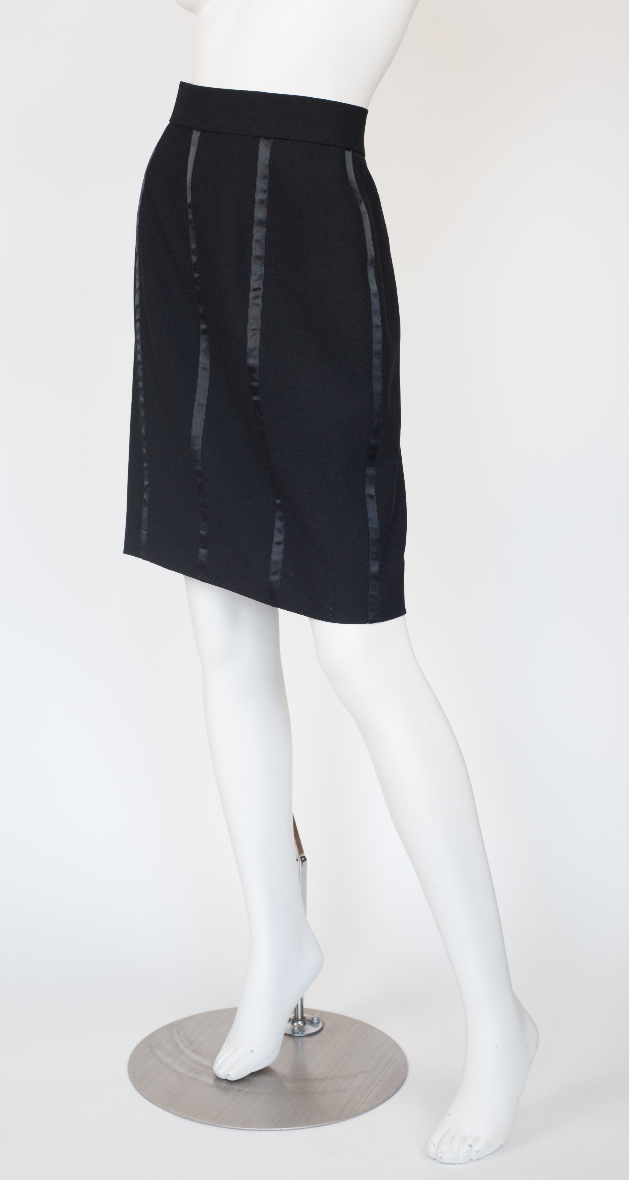 1990s Black Satin Tuxedo Stripe Wool Pencil Skirt