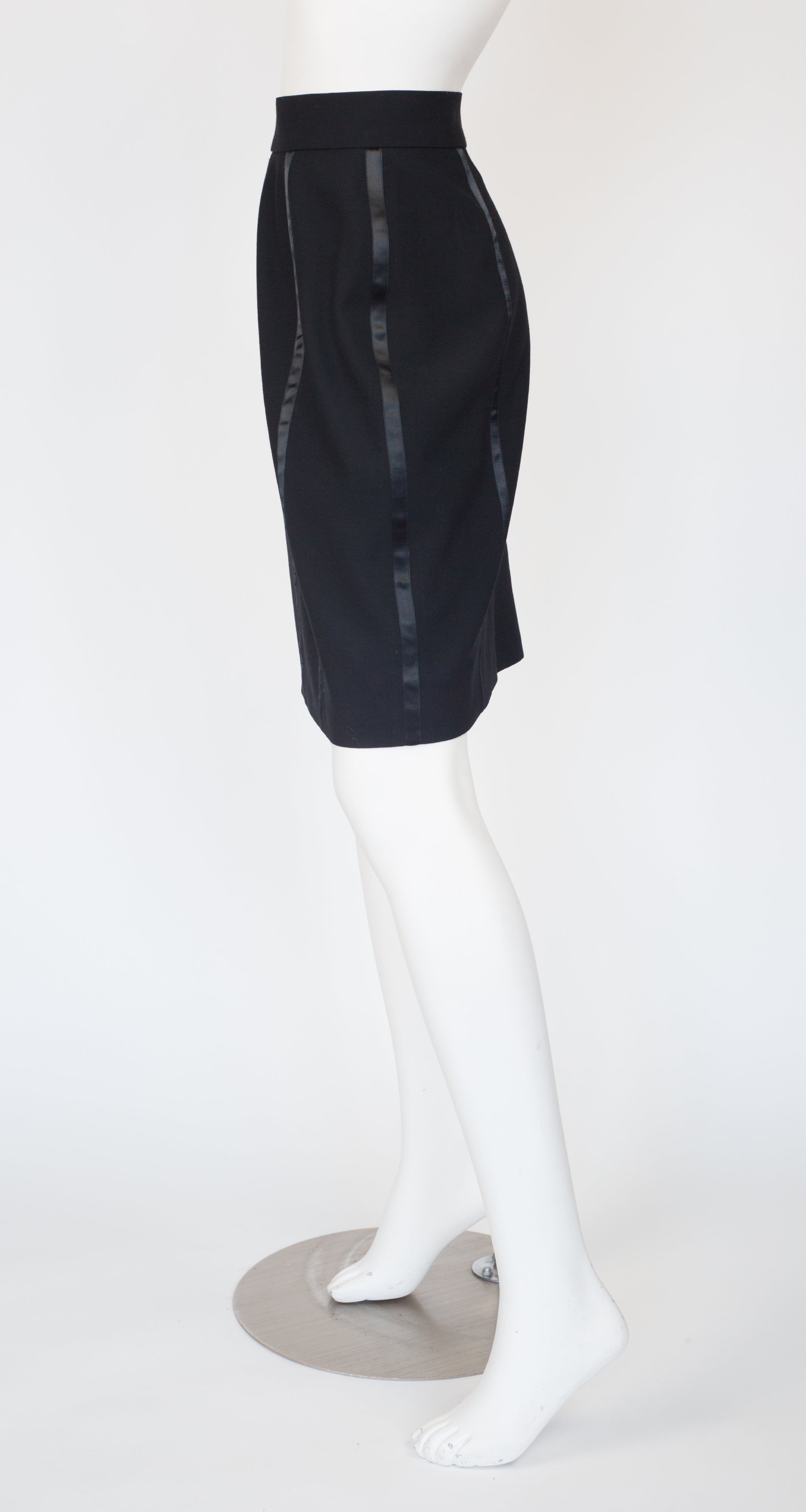1990s Black Satin Tuxedo Stripe Wool Pencil Skirt