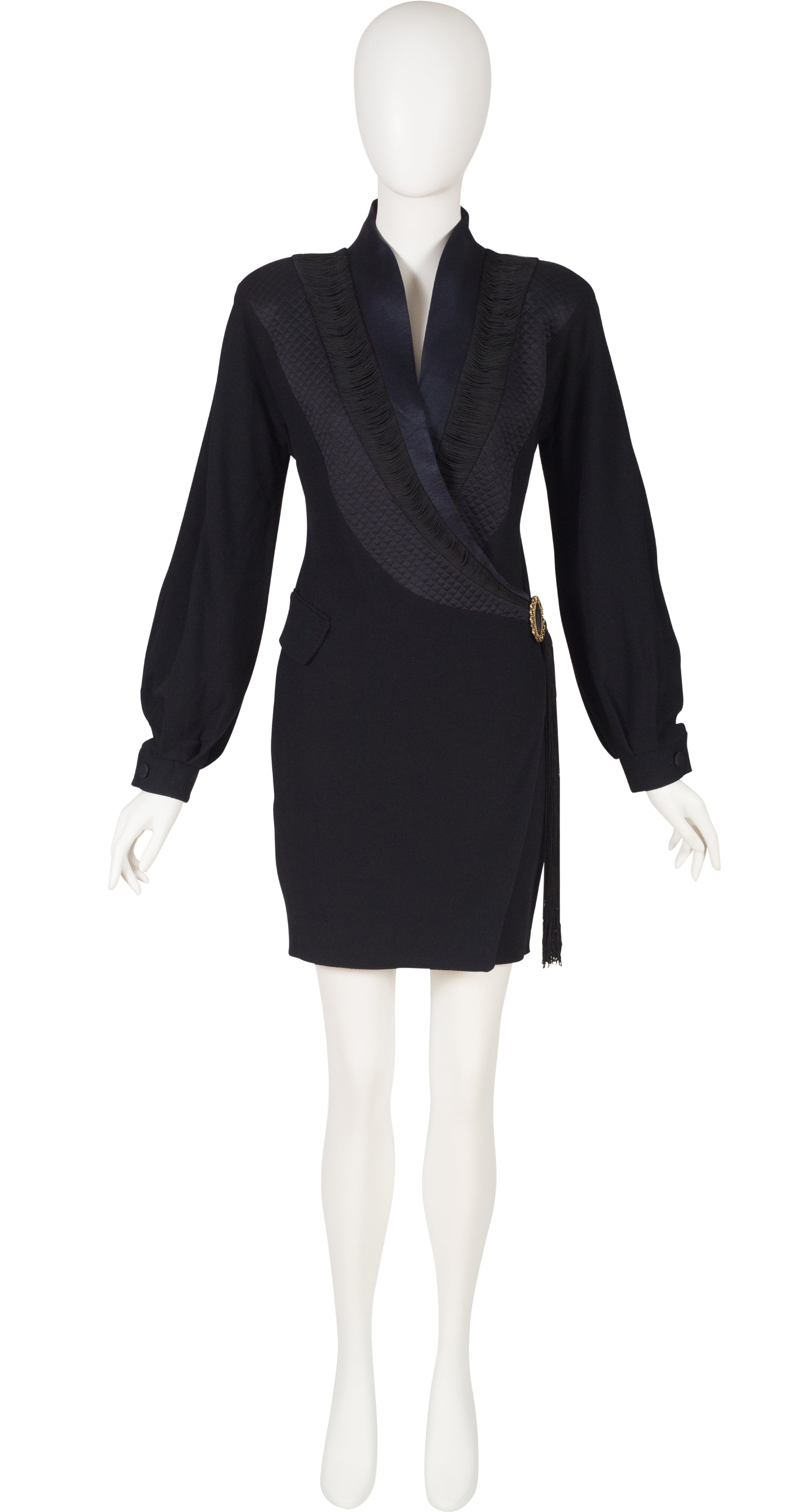 1980s Black Wool Crepe Fringe Wrap Dress