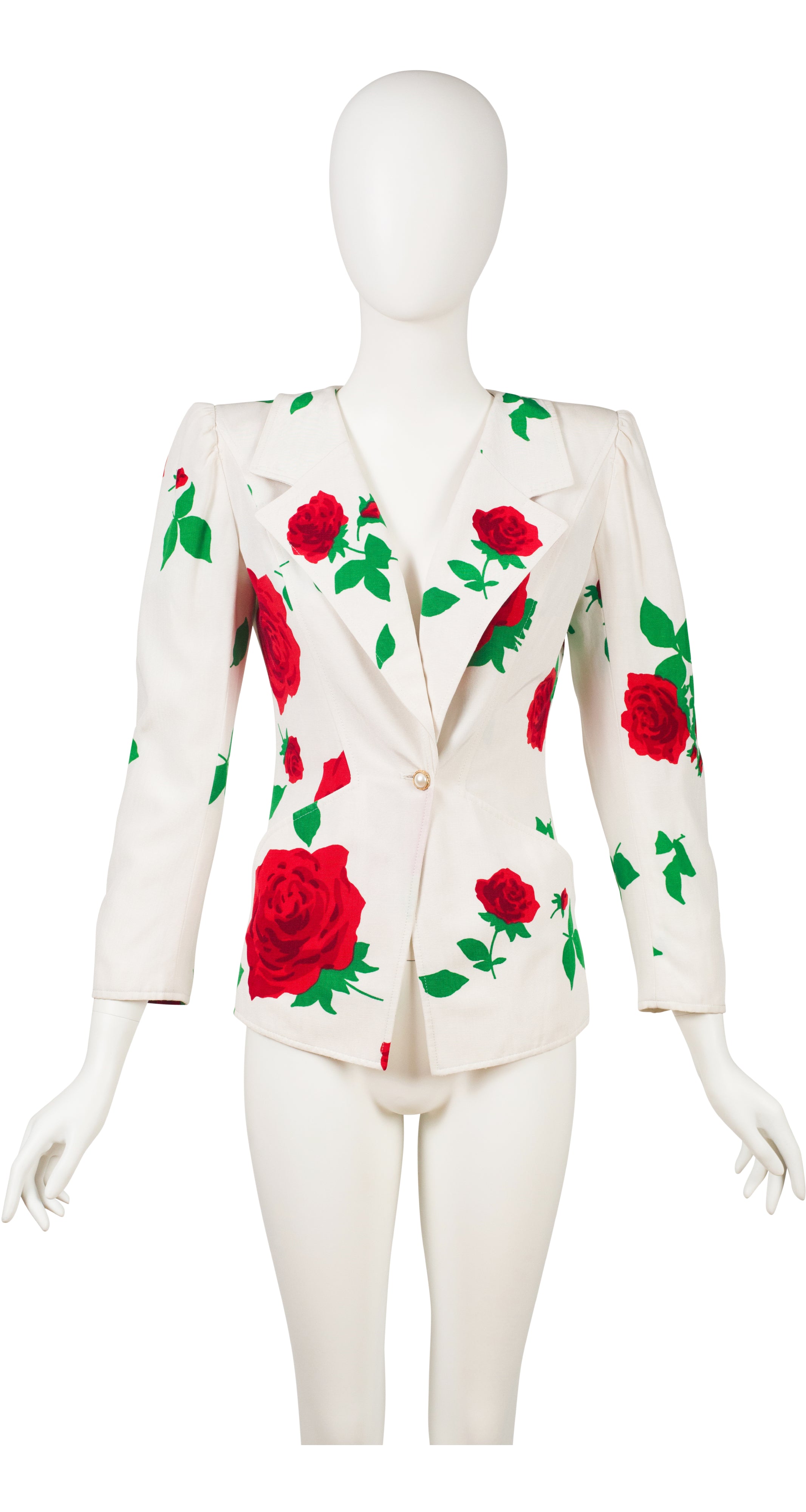 1980s Rose Print White Faille Skirt Suit