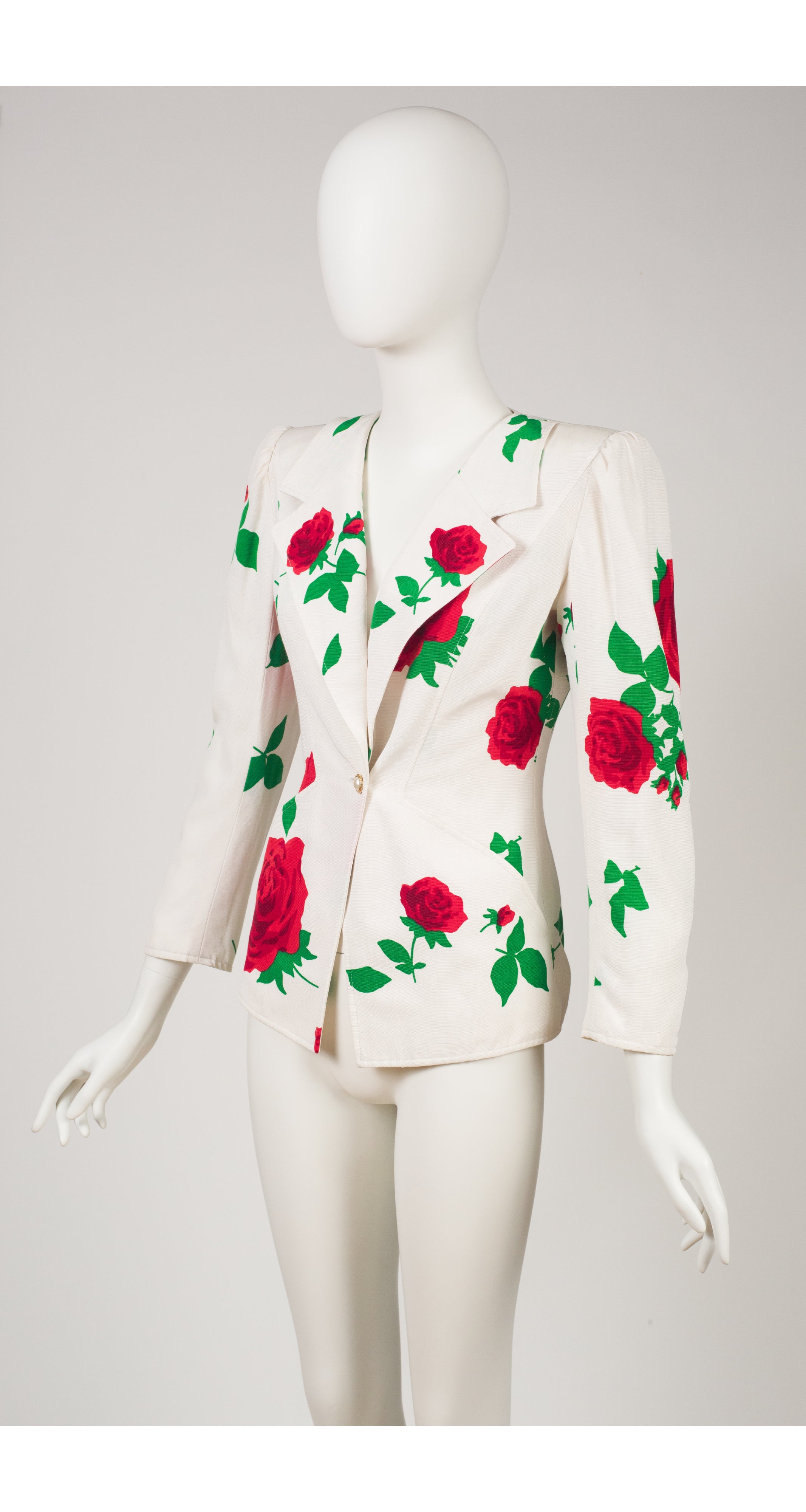 1980s Rose Print White Faille Skirt Suit