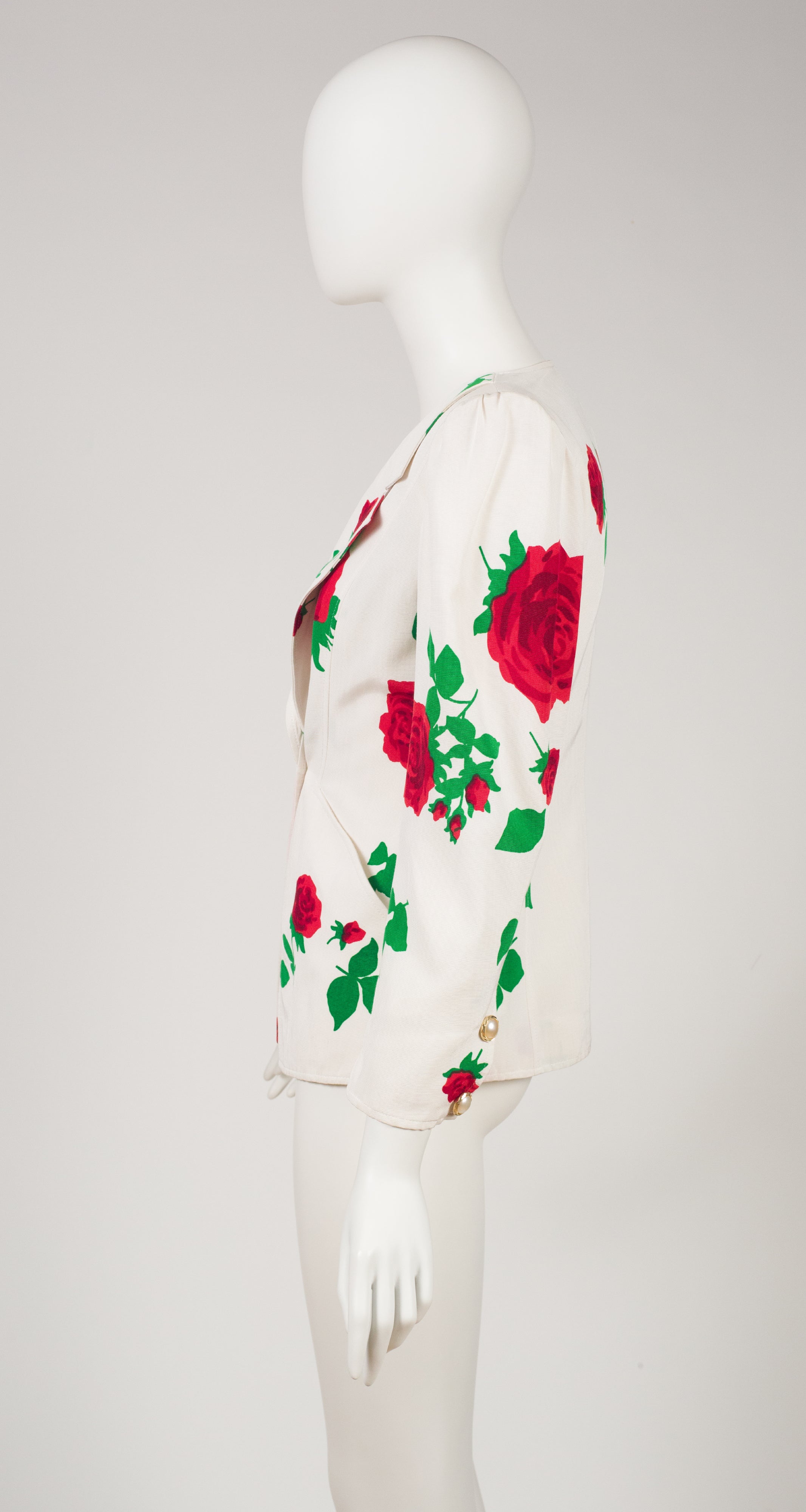 1980s Rose Print White Faille Skirt Suit