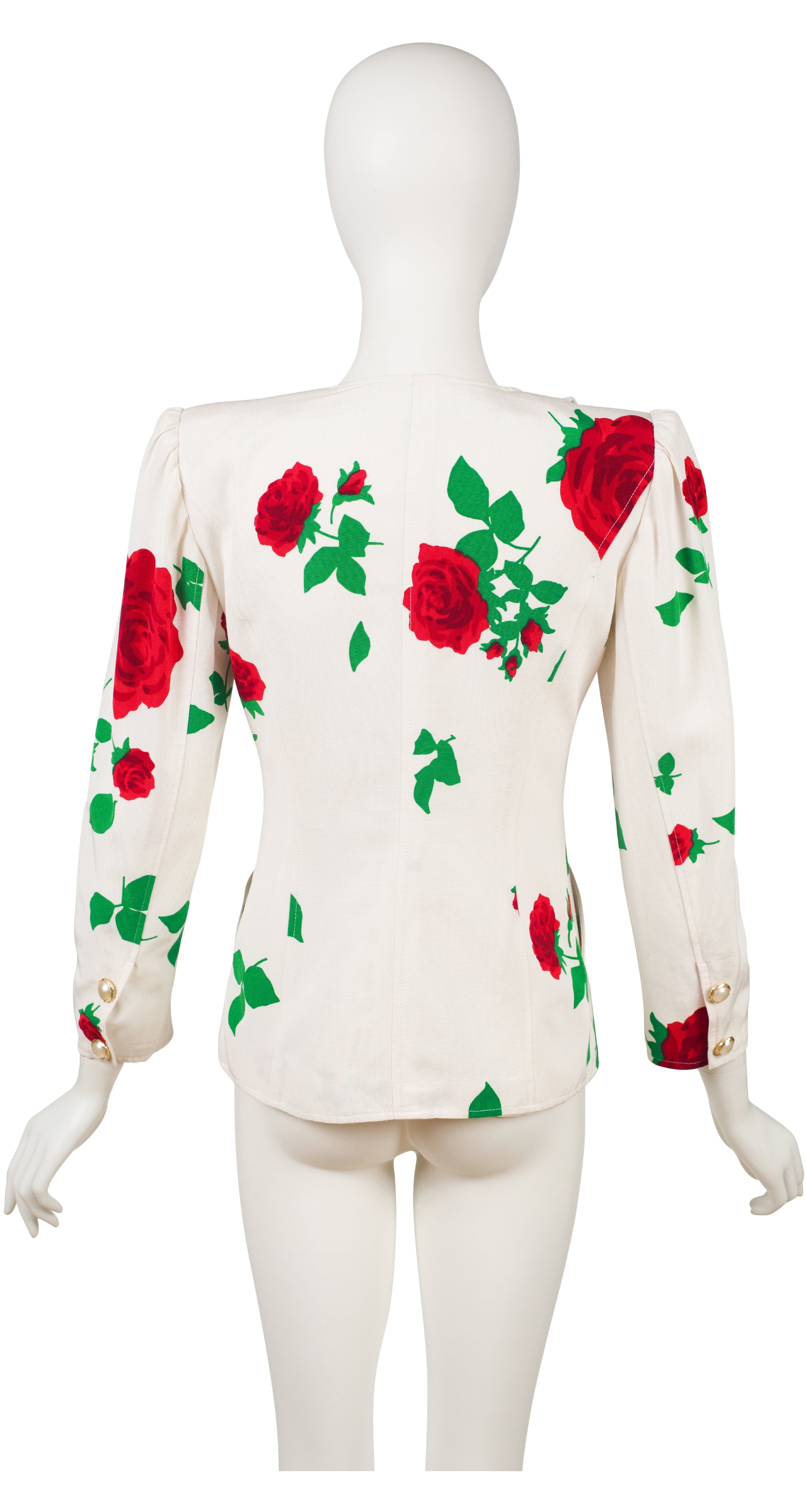 1980s Rose Print White Faille Skirt Suit