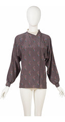 1980s Paisley Print Taupe Silk Blouse