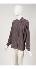1980s Paisley Print Taupe Silk Blouse