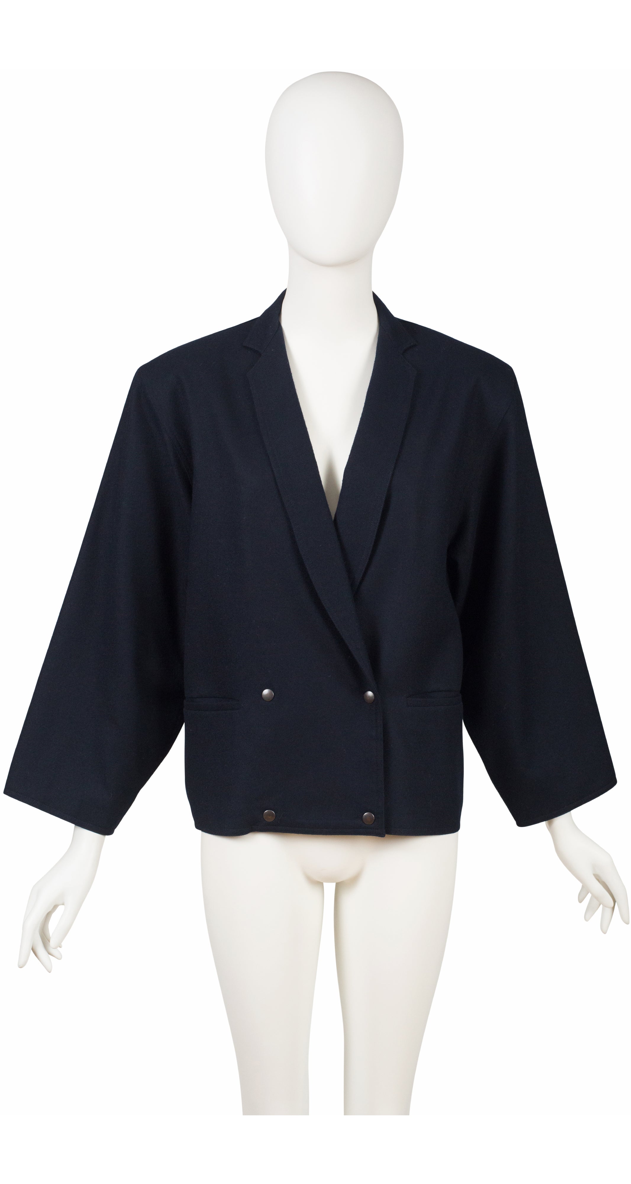1980s Navy Blue Wool Box Cut Collared Jacket