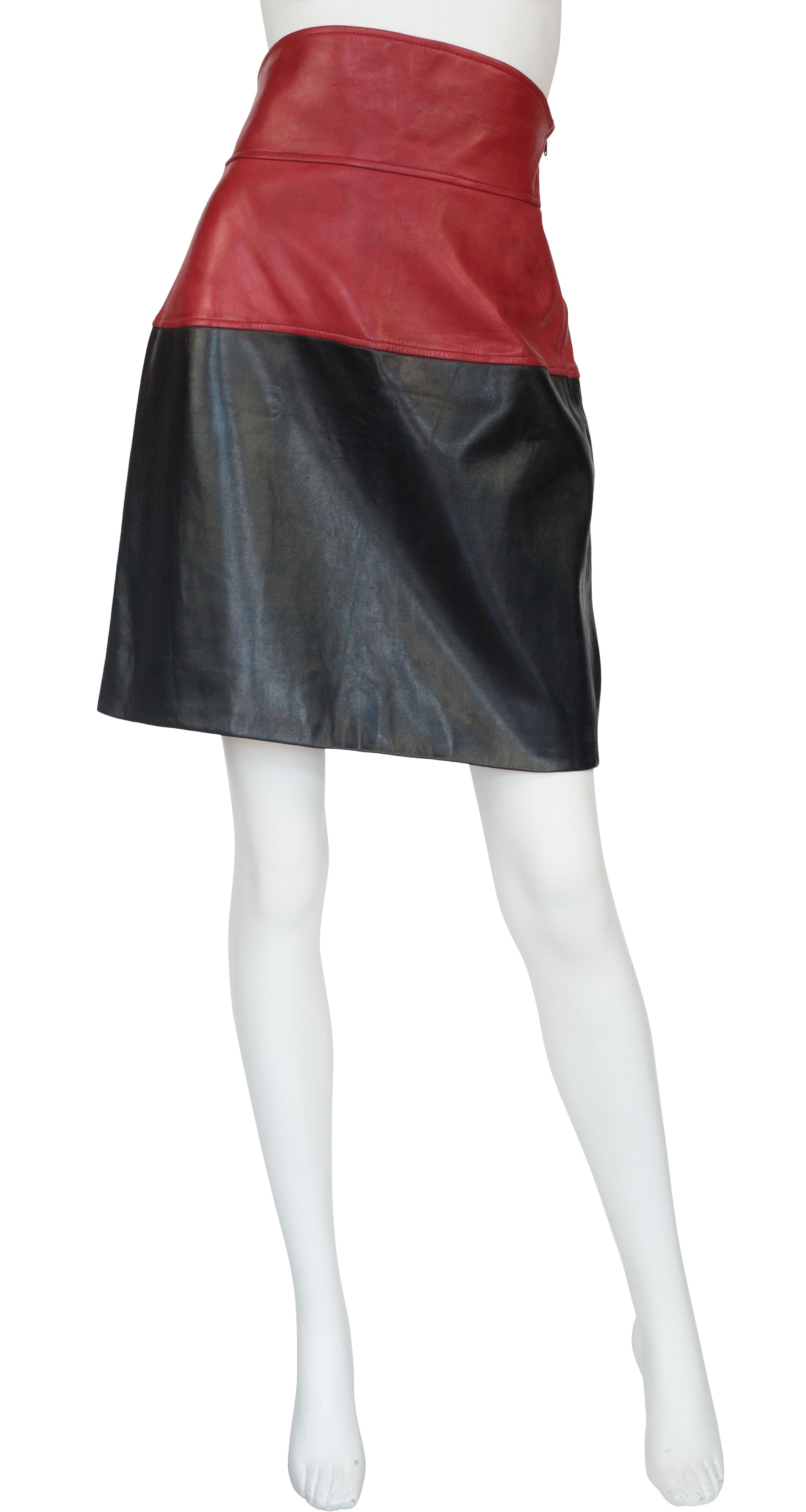 1983-84 F/W Runway Red & Black Leather High-Waisted Skirt