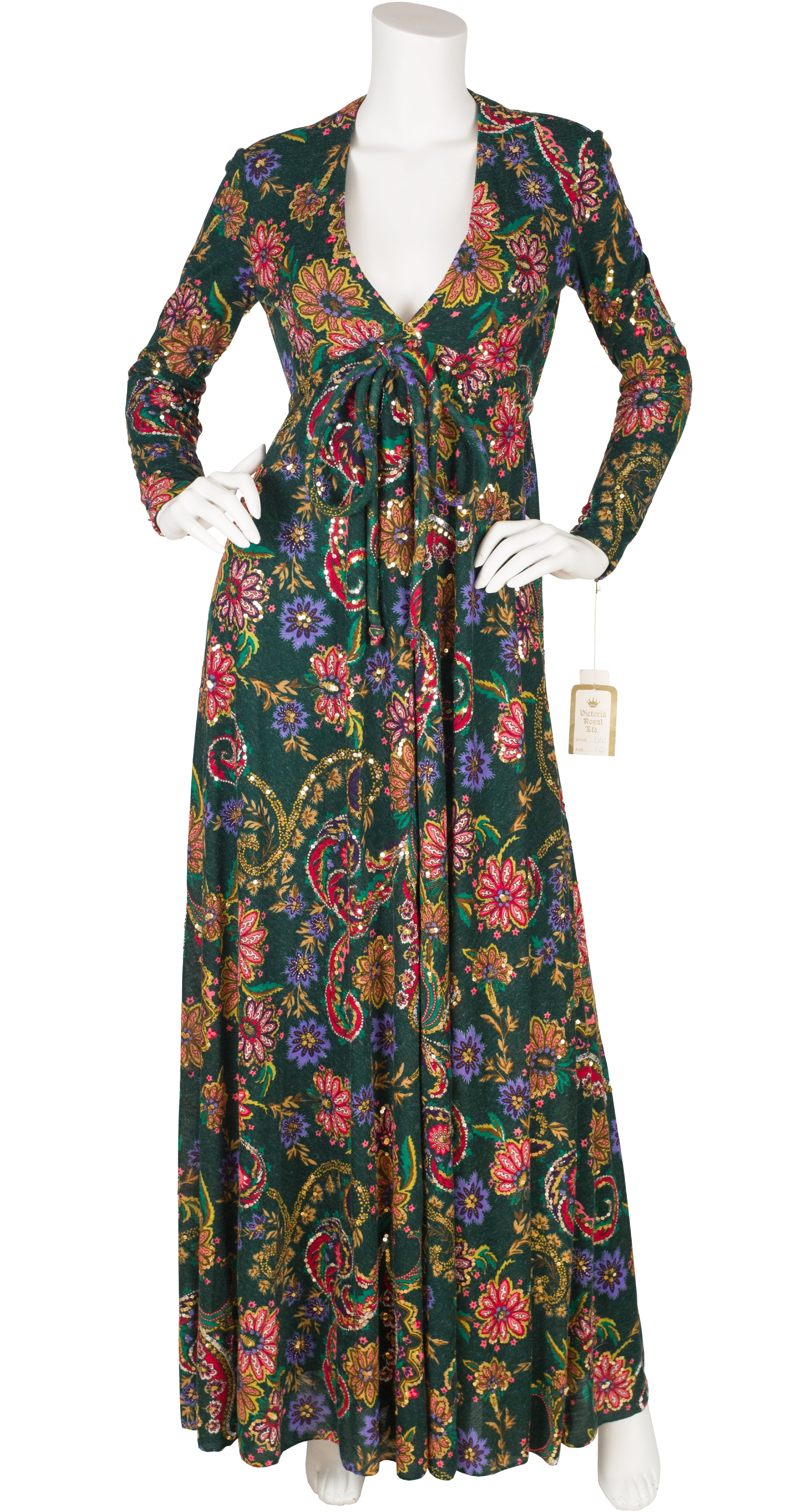 1970s NWT Sequin Floral Green Jersey Evening Gown