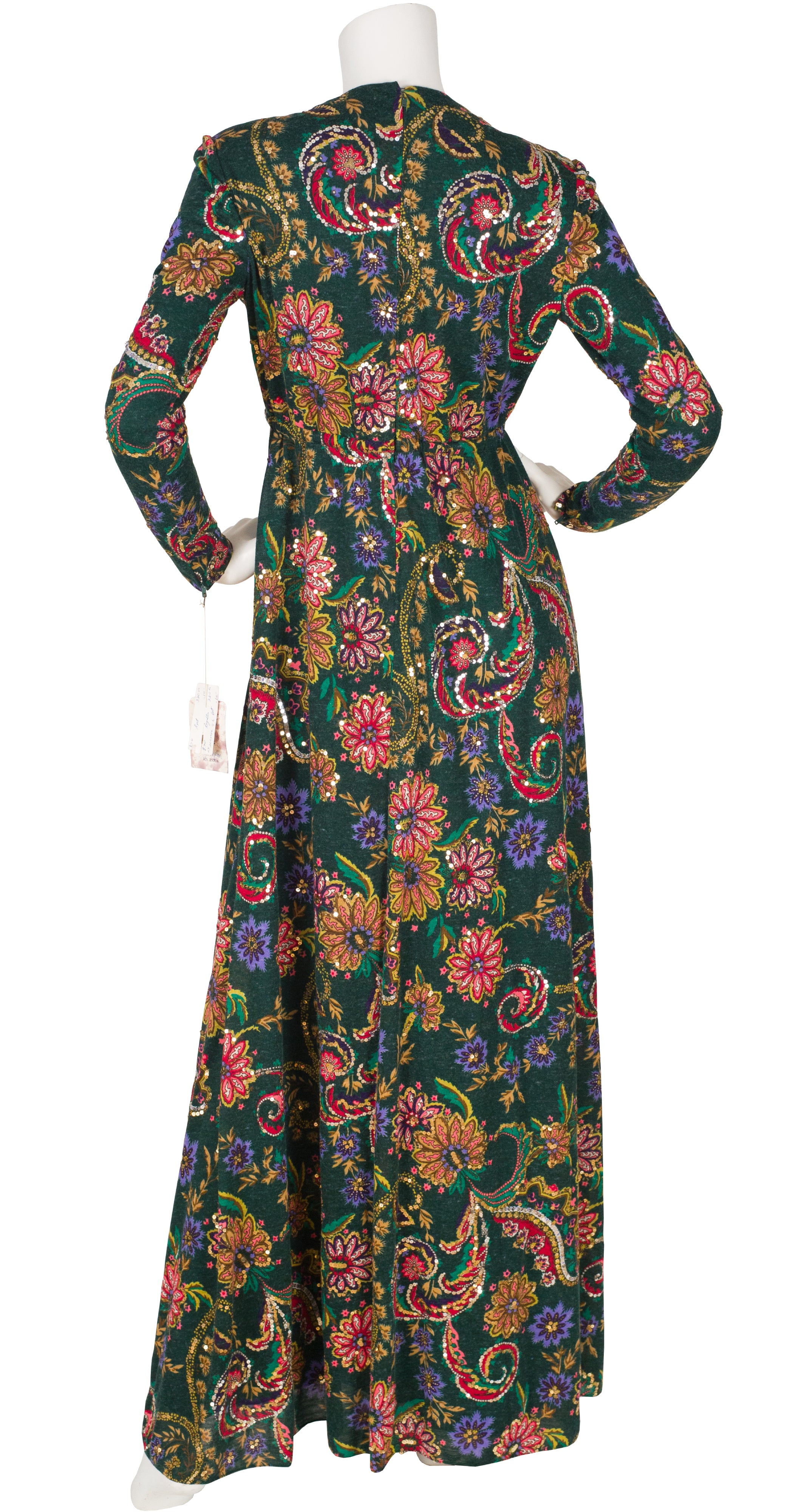1970s NWT Sequin Floral Green Jersey Evening Gown