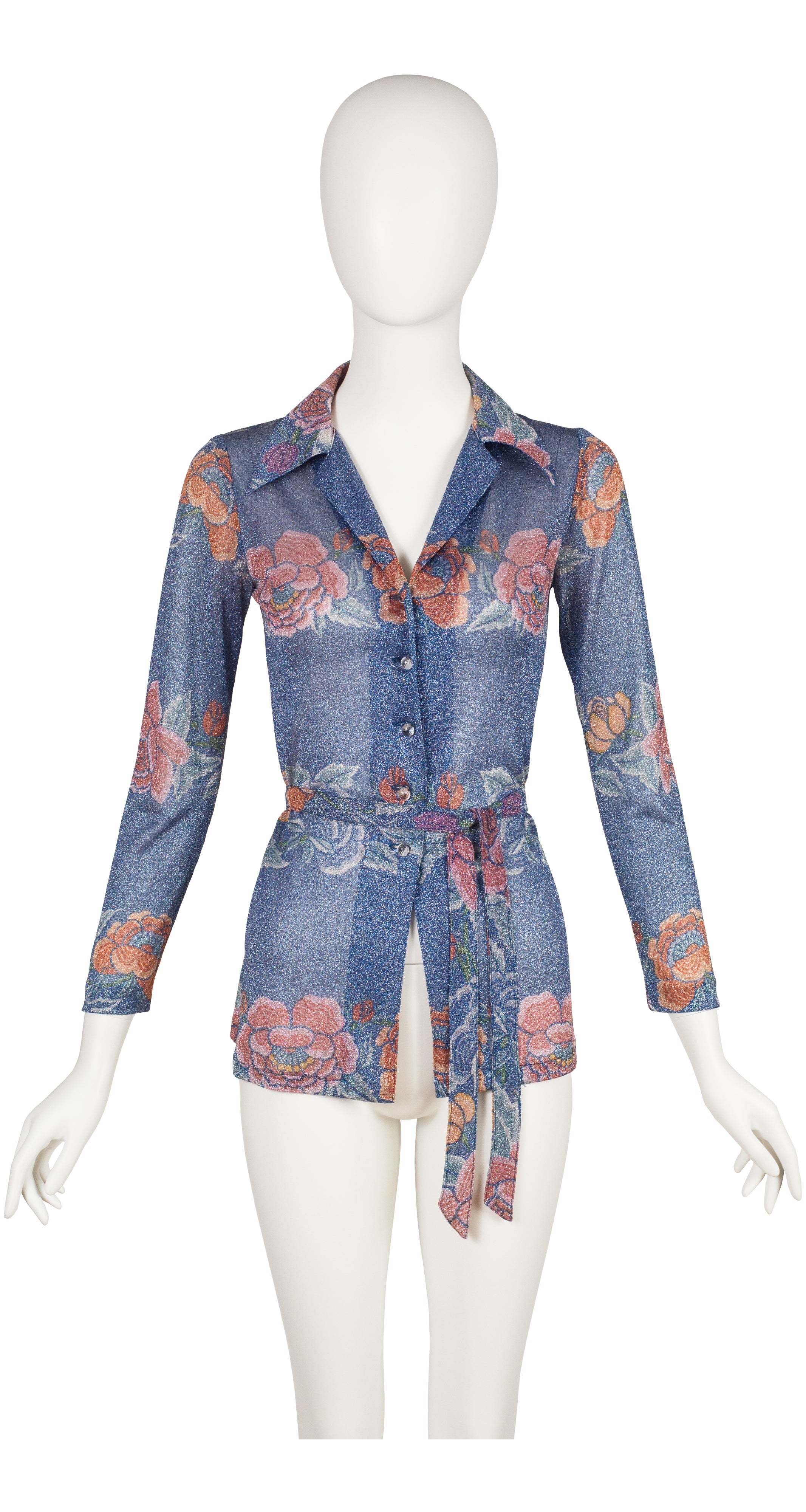 1972 Floral Blue Lurex Belted Button-Up Top
