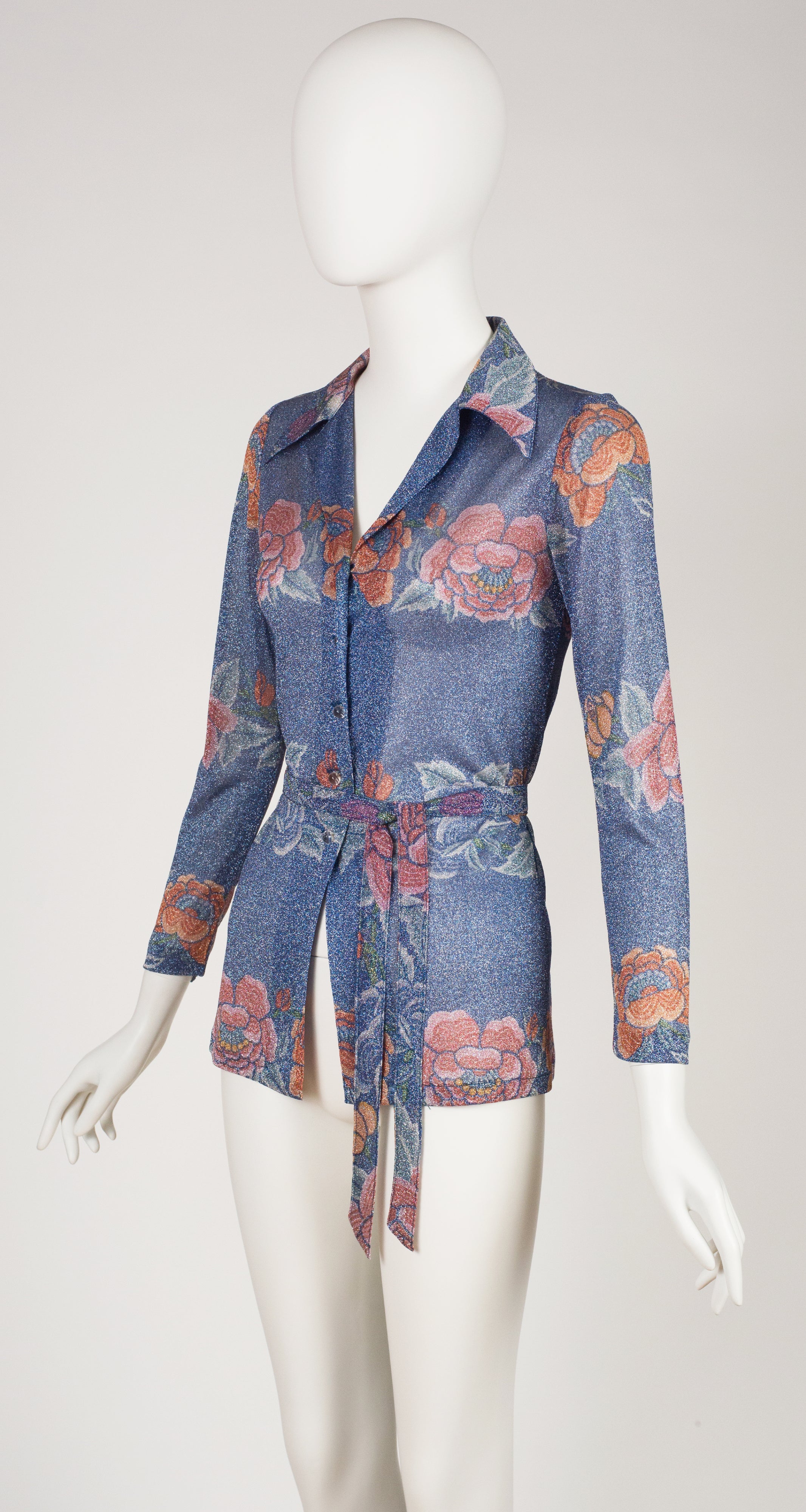 1972 Floral Blue Lurex Belted Button-Up Top