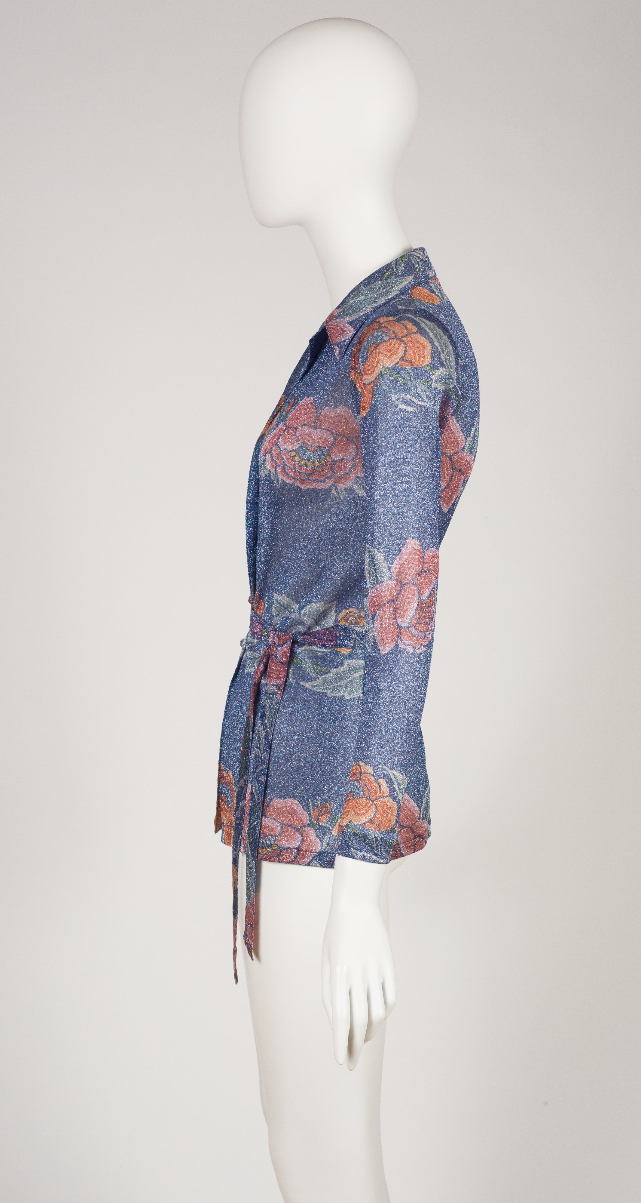 1972 Floral Blue Lurex Belted Button-Up Top