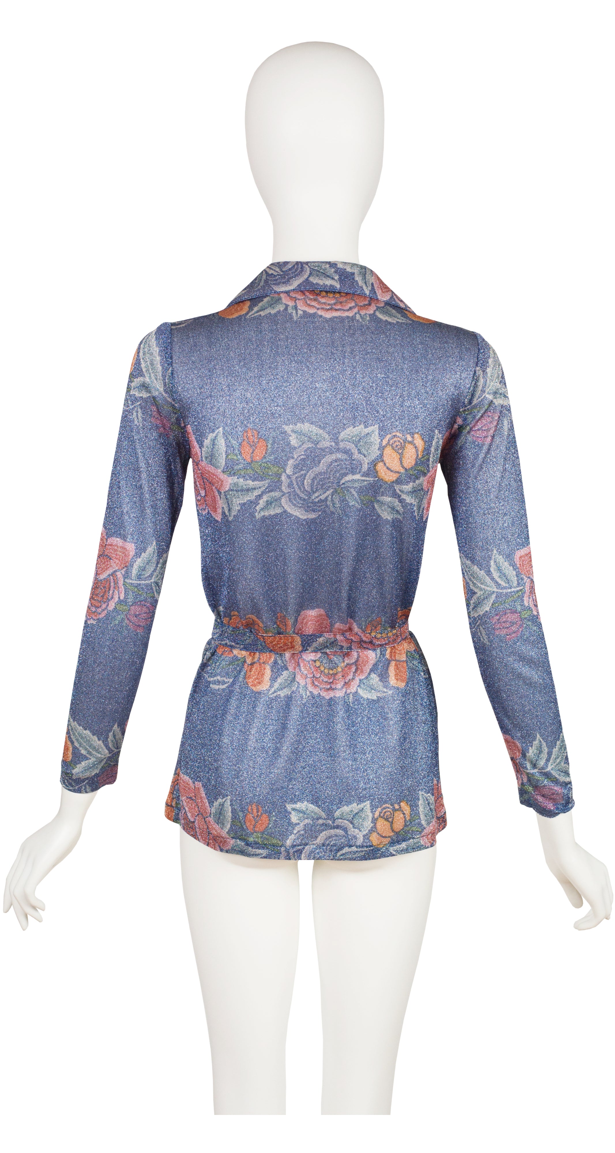 1972 Floral Blue Lurex Belted Button-Up Top