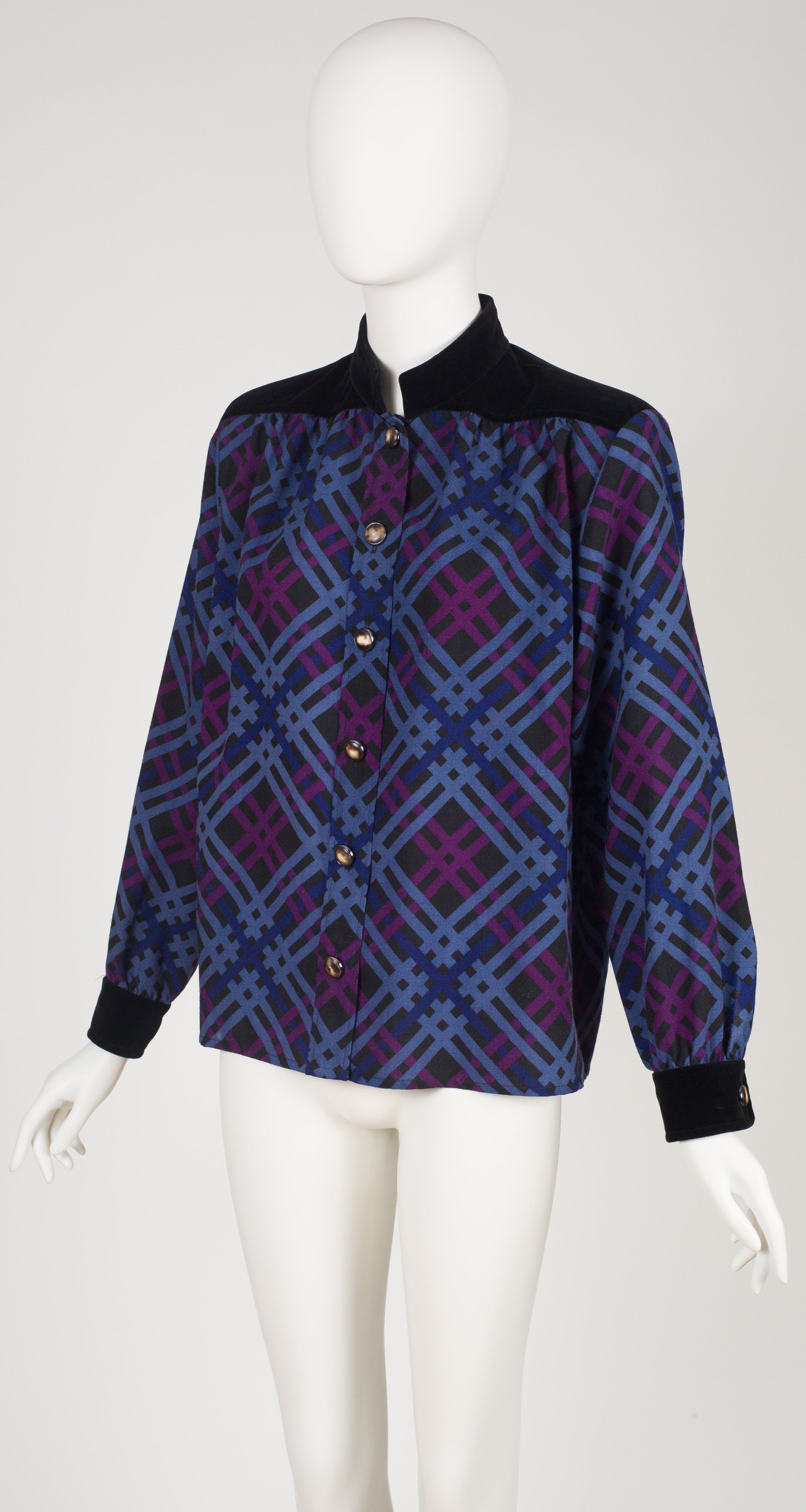 1985-86 F/W Plaid Wool Challis Velvet Trim Blouse