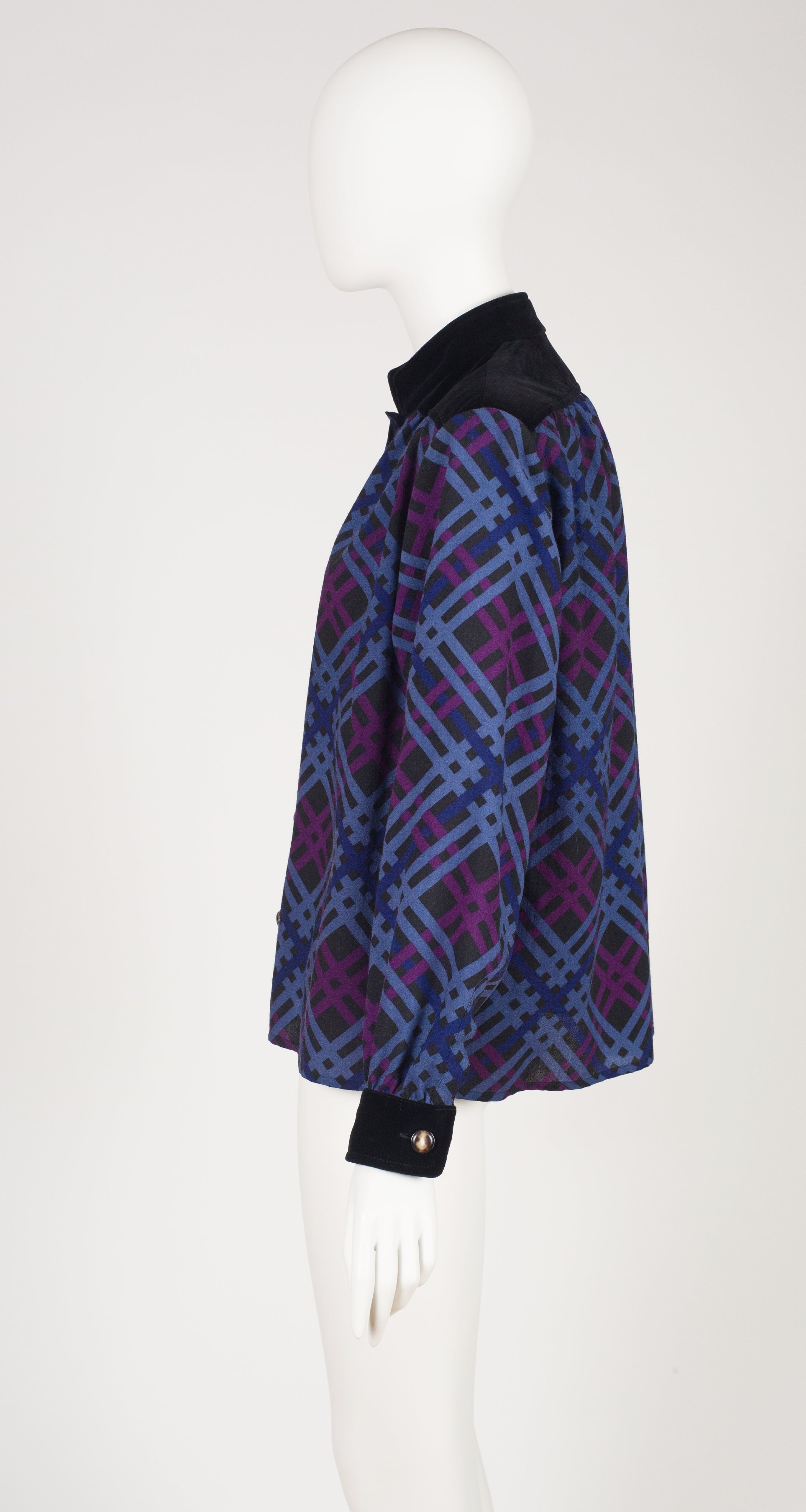 1985-86 F/W Plaid Wool Challis Velvet Trim Blouse