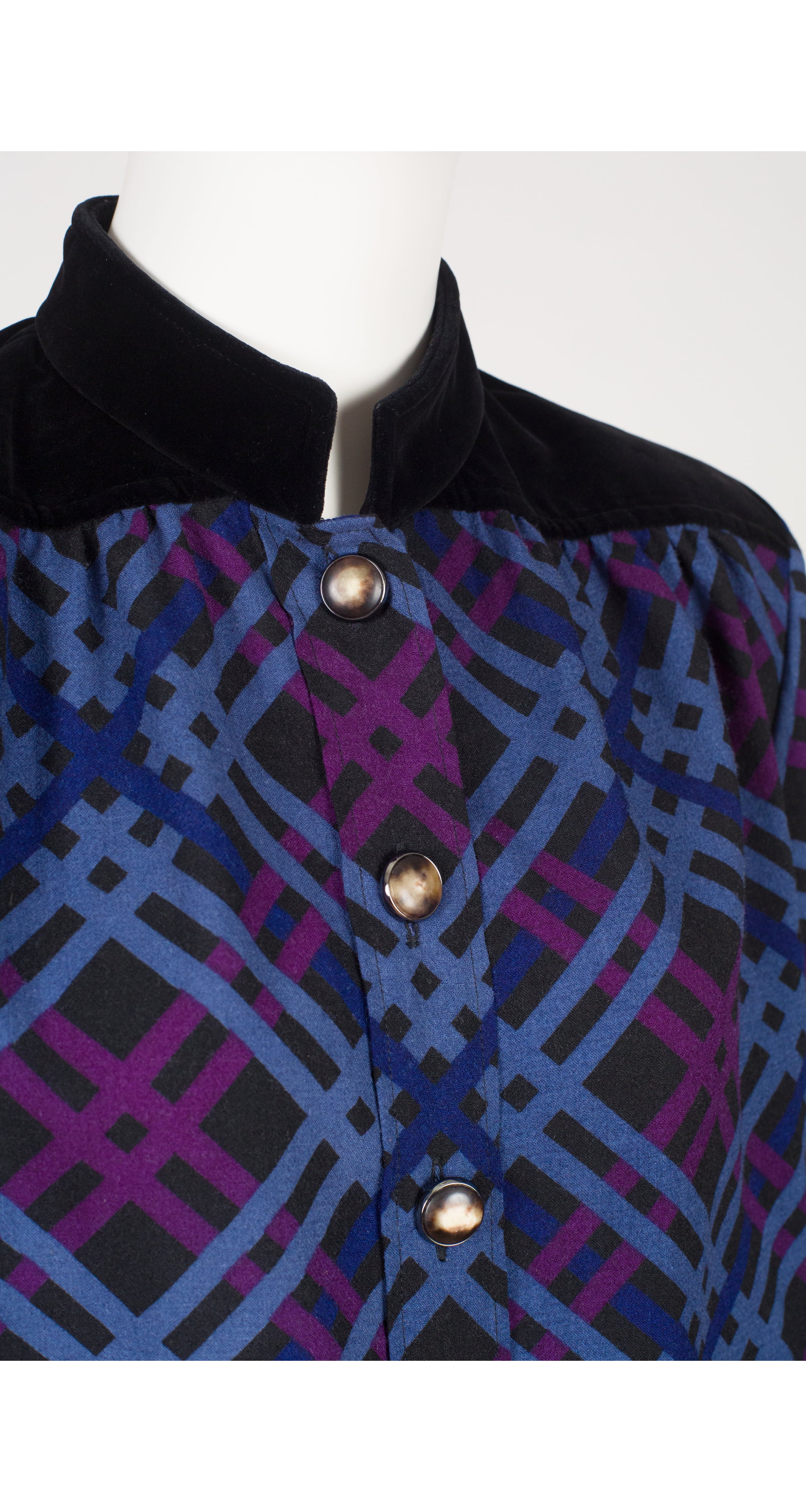 1985-86 F/W Plaid Wool Challis Velvet Trim Blouse