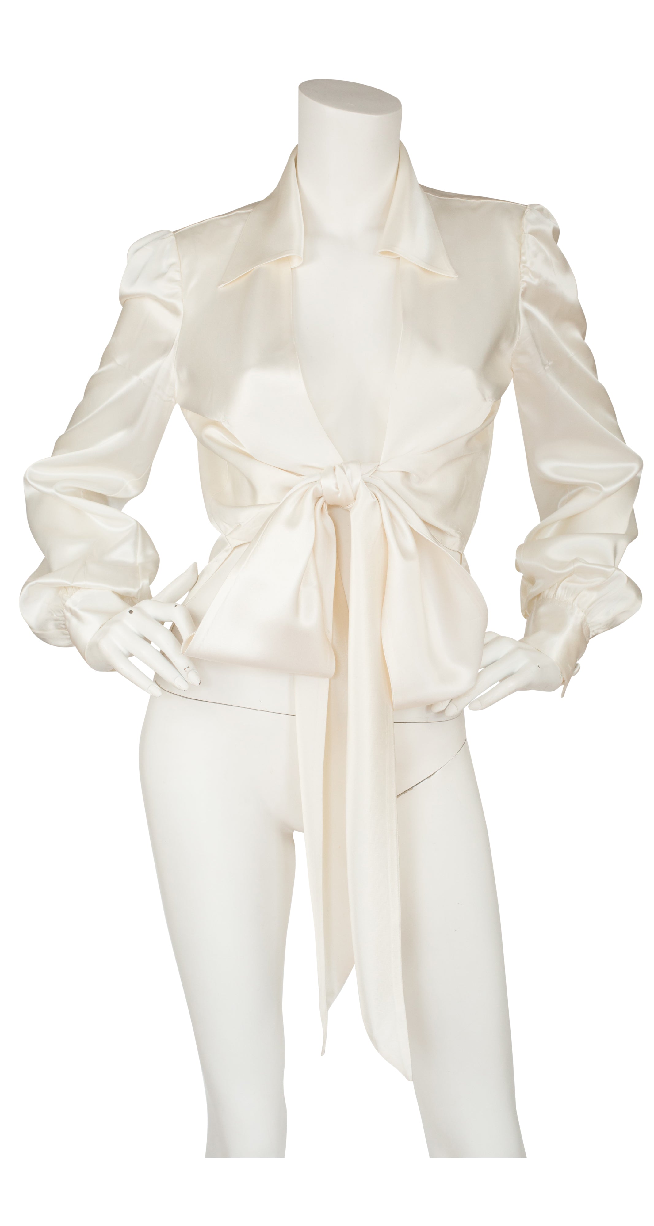 1970s Cream Satin Tie Balloon Sleeve Blouse