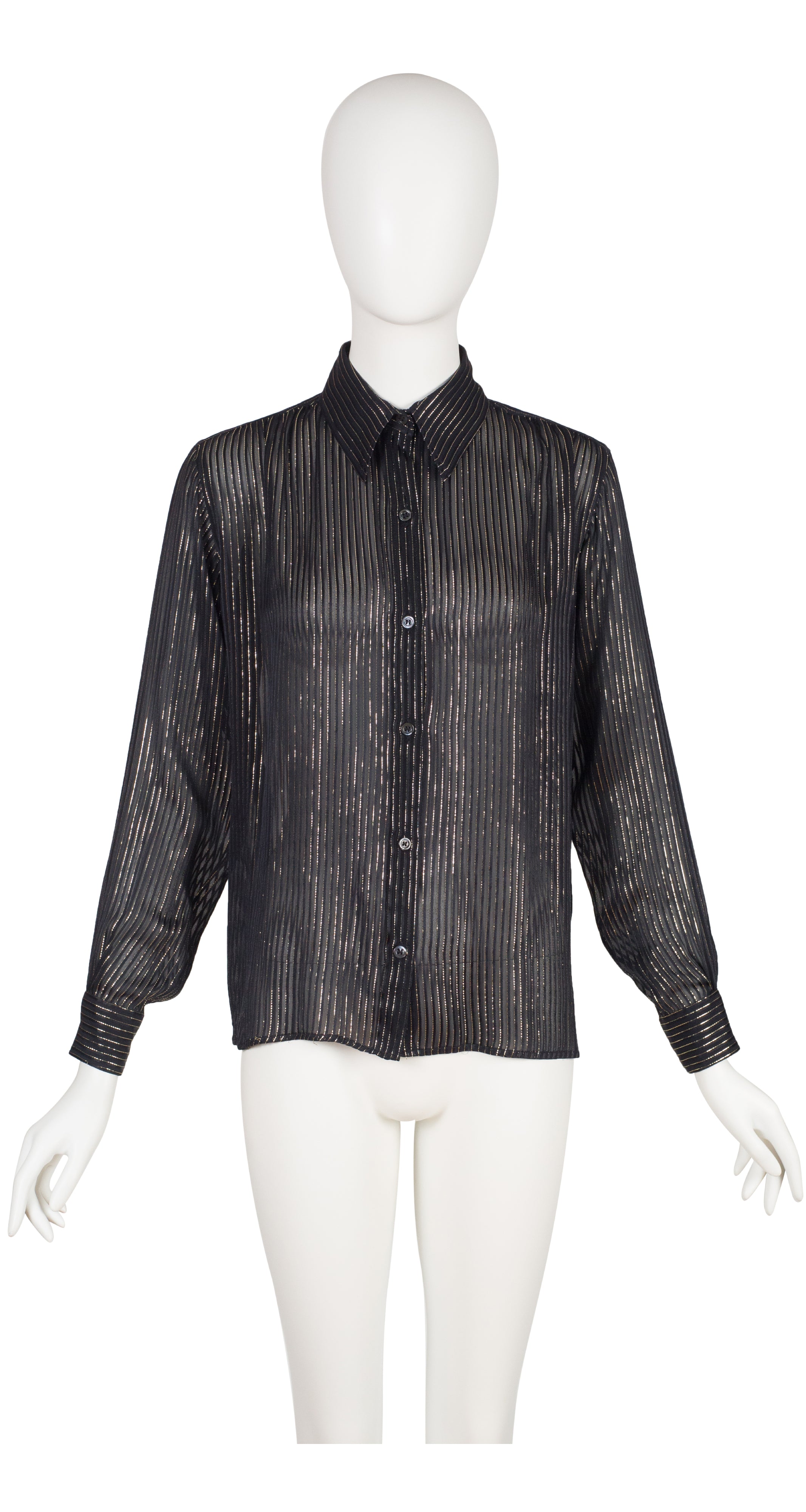 1970s Gold Lurex Black Silk Chiffon Collared Blouse