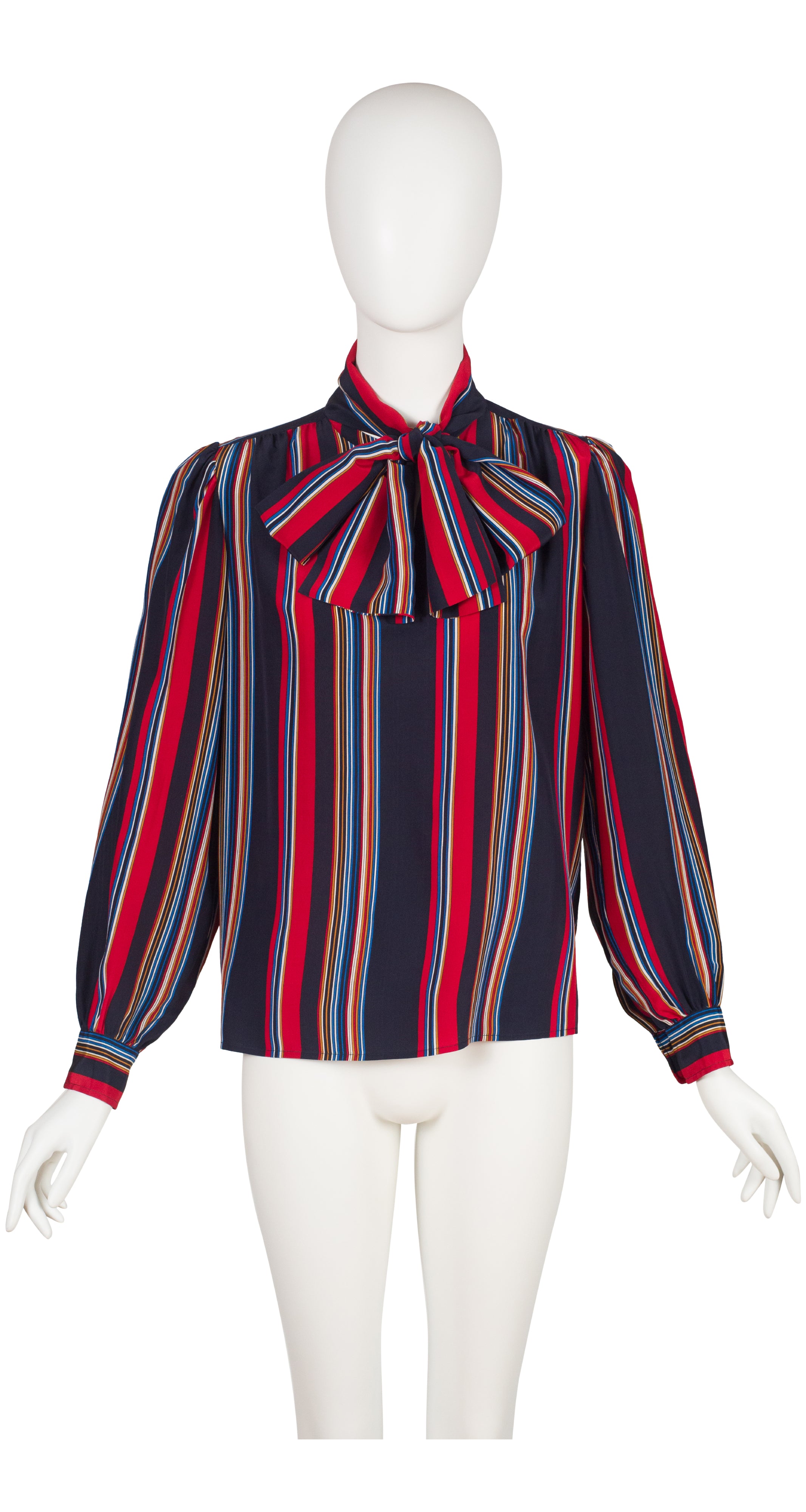 1982 S/S Runway Stripe Navy Silk Tie-Neck Blouse