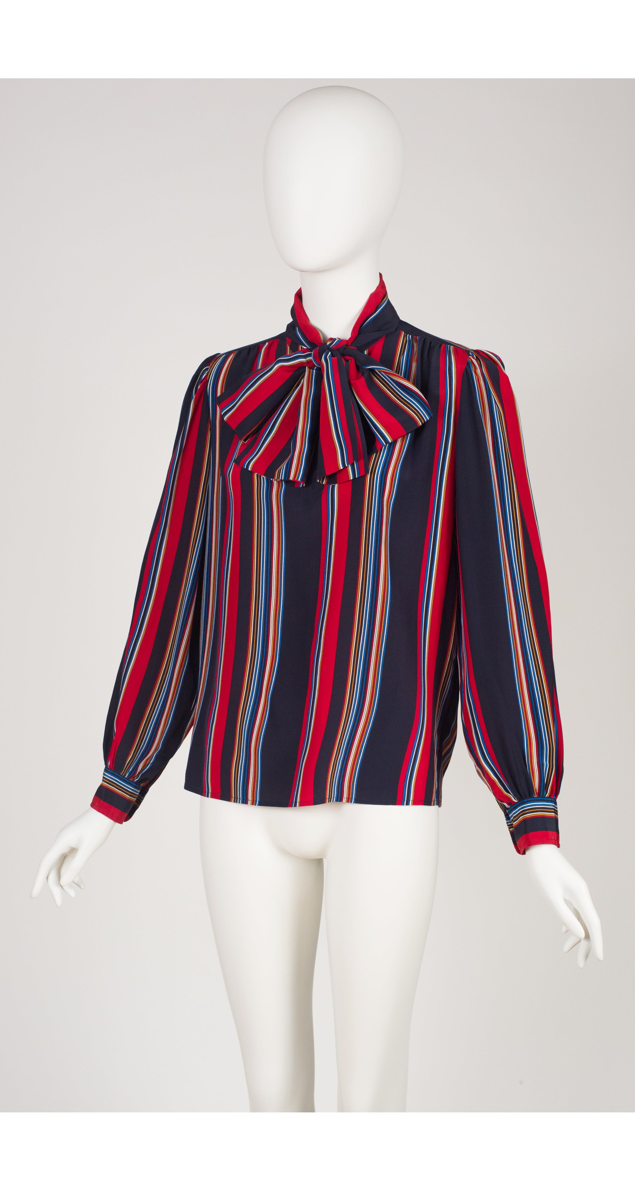 1982 S/S Runway Stripe Navy Silk Tie-Neck Blouse