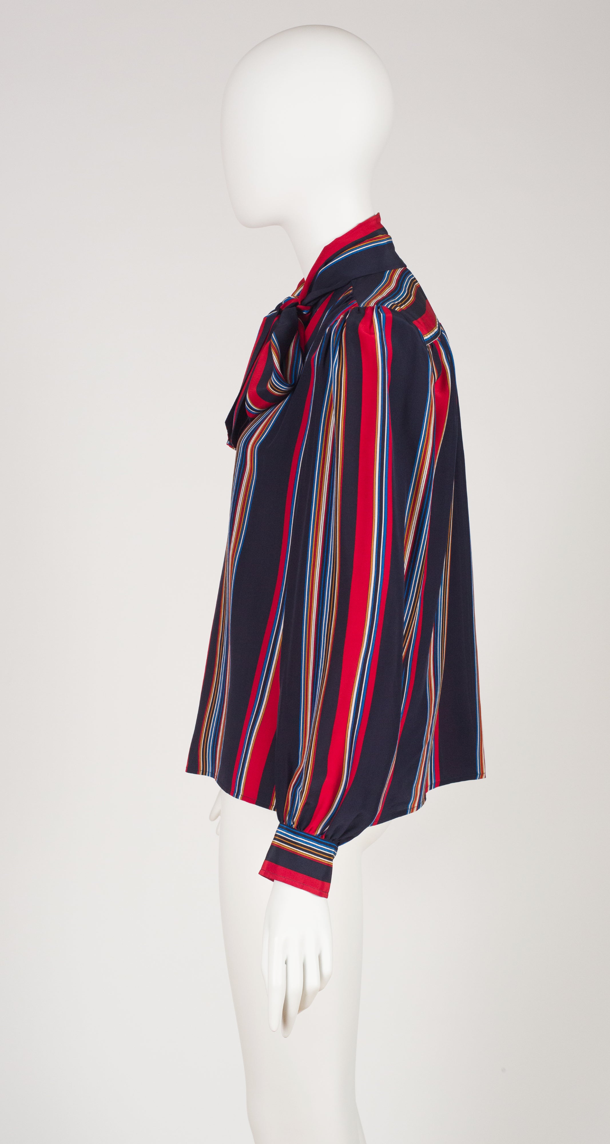 1982 S/S Runway Stripe Navy Silk Tie-Neck Blouse