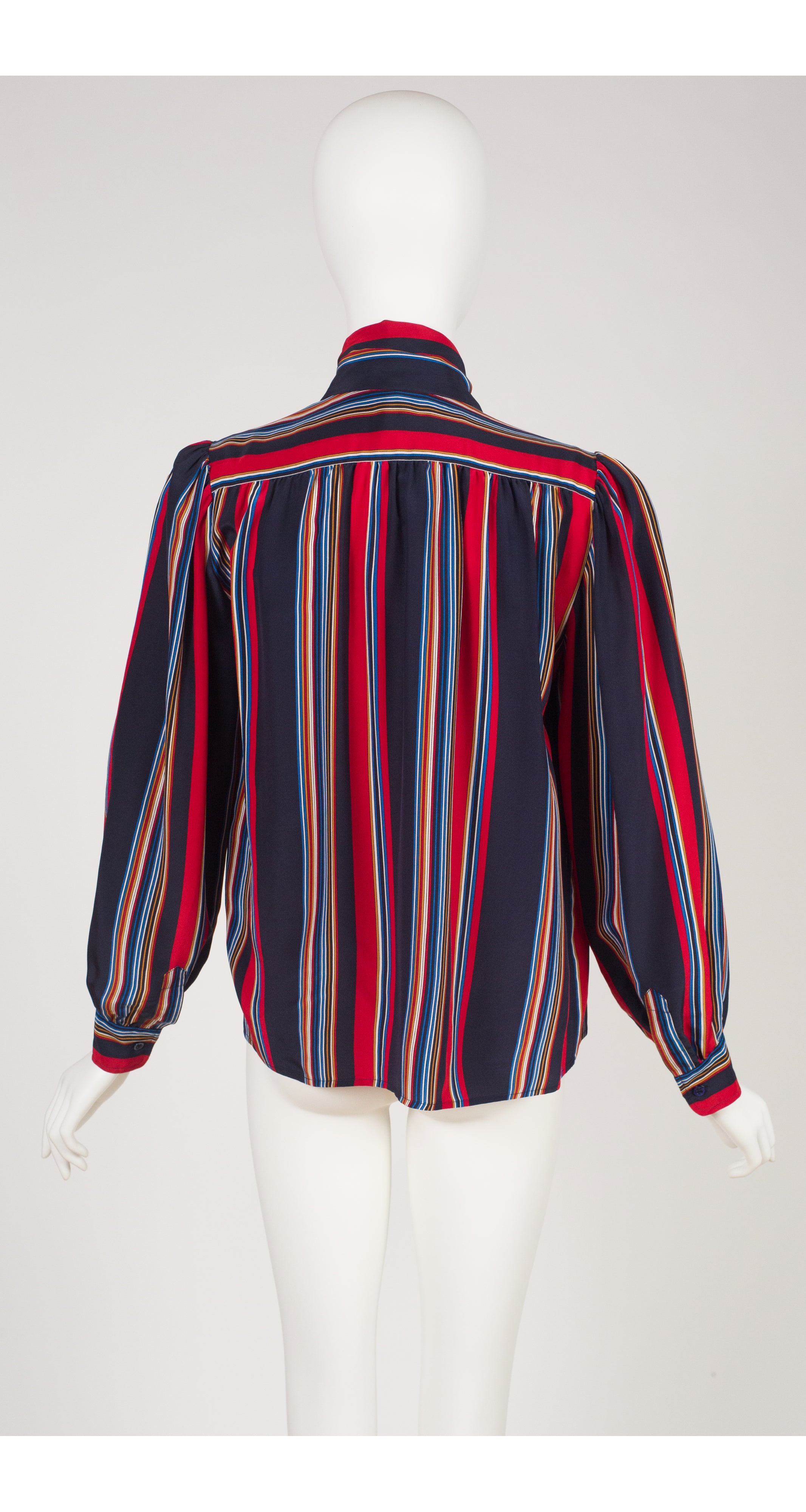 1982 S/S Runway Stripe Navy Silk Tie-Neck Blouse