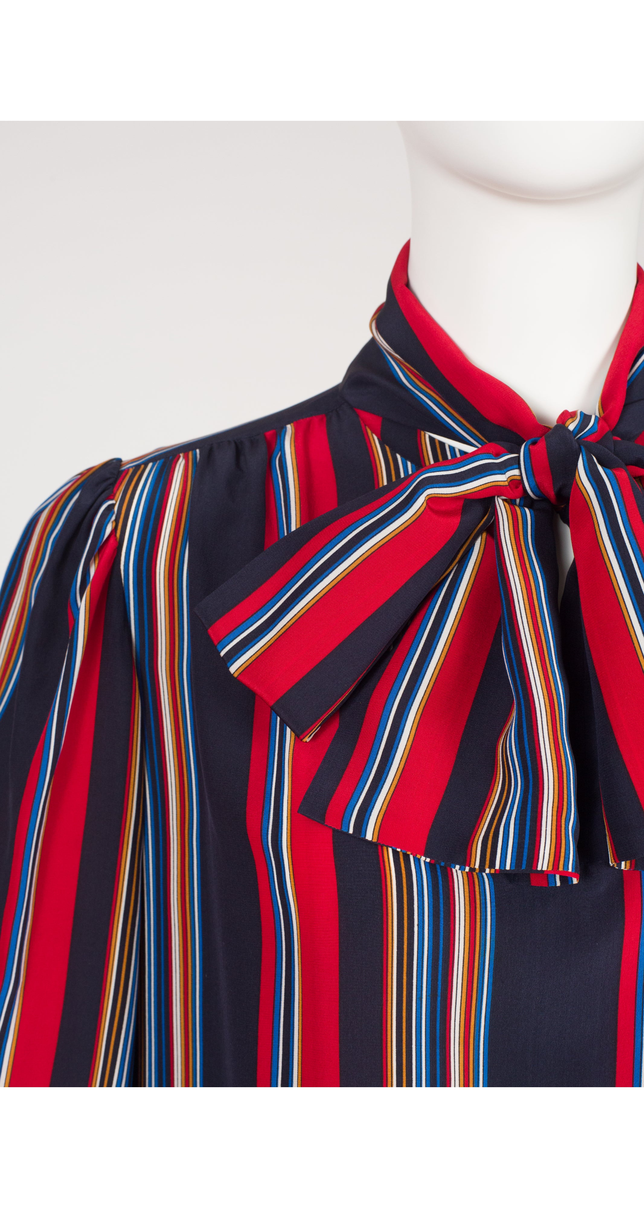 1982 S/S Runway Stripe Navy Silk Tie-Neck Blouse