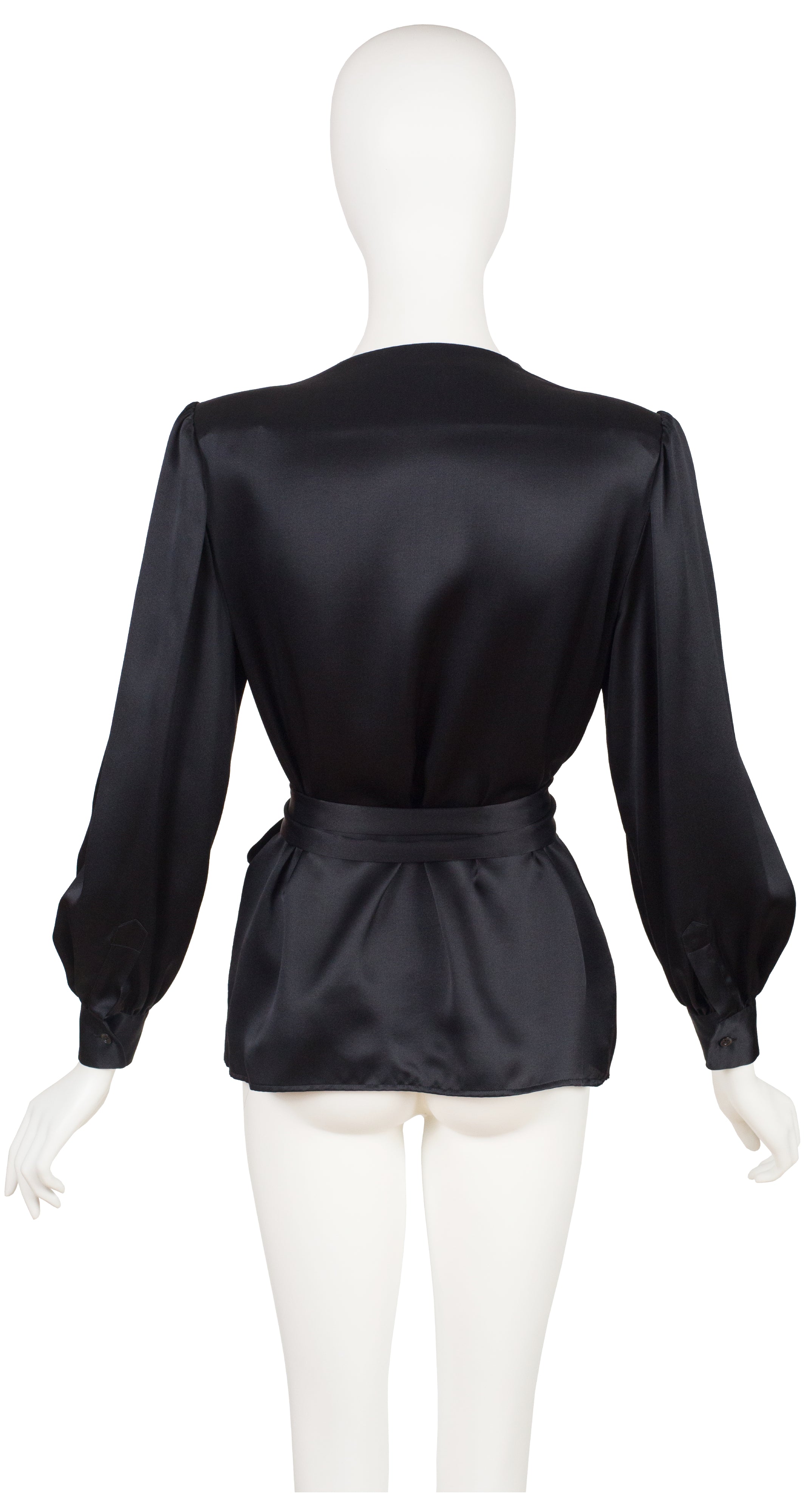 1980s Black Liquid Silk Satin Balloon Sleeve Wrap Blouse