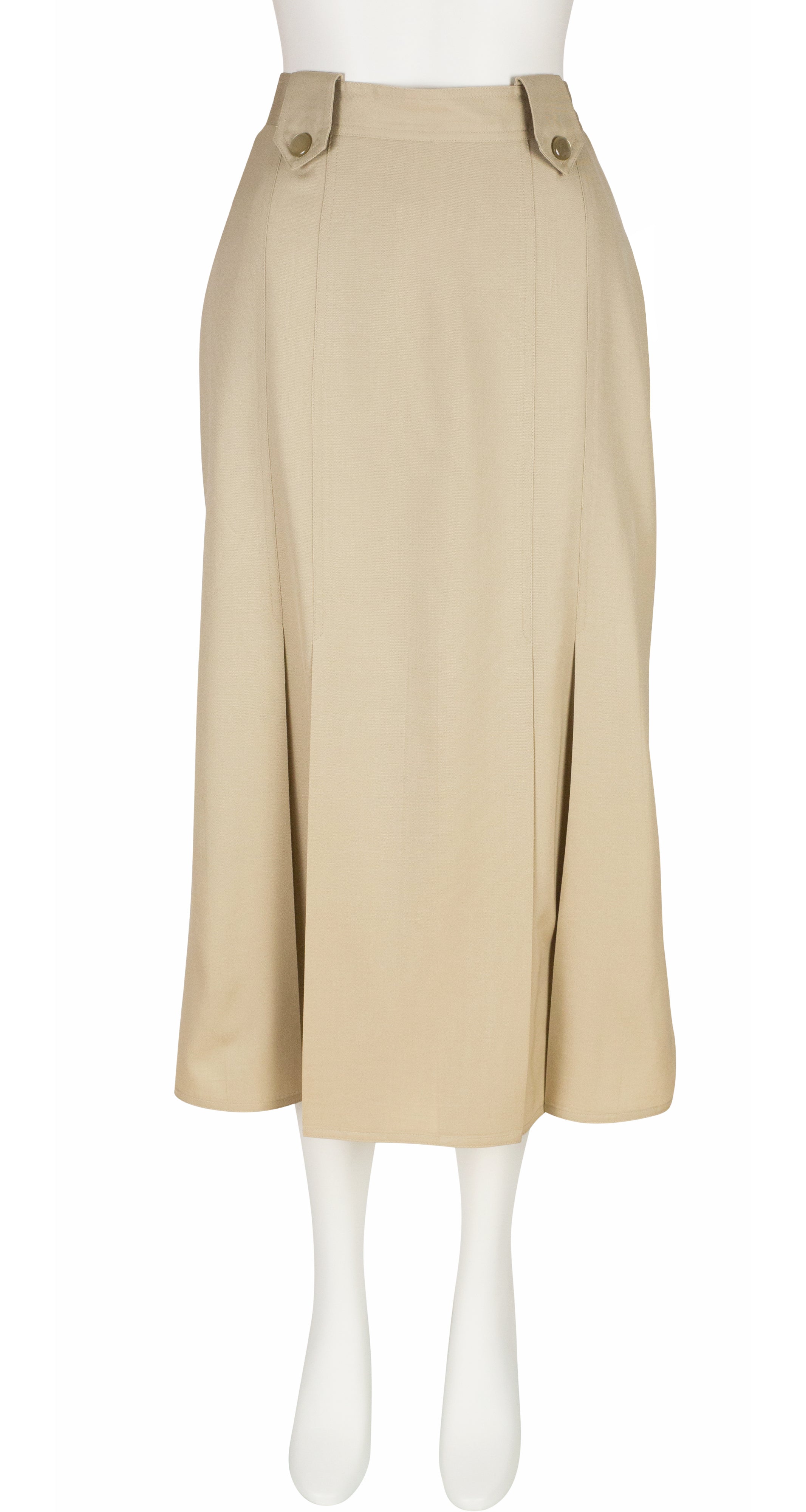 1980s Khaki Wool Gabardine Pleated Midi Skirt