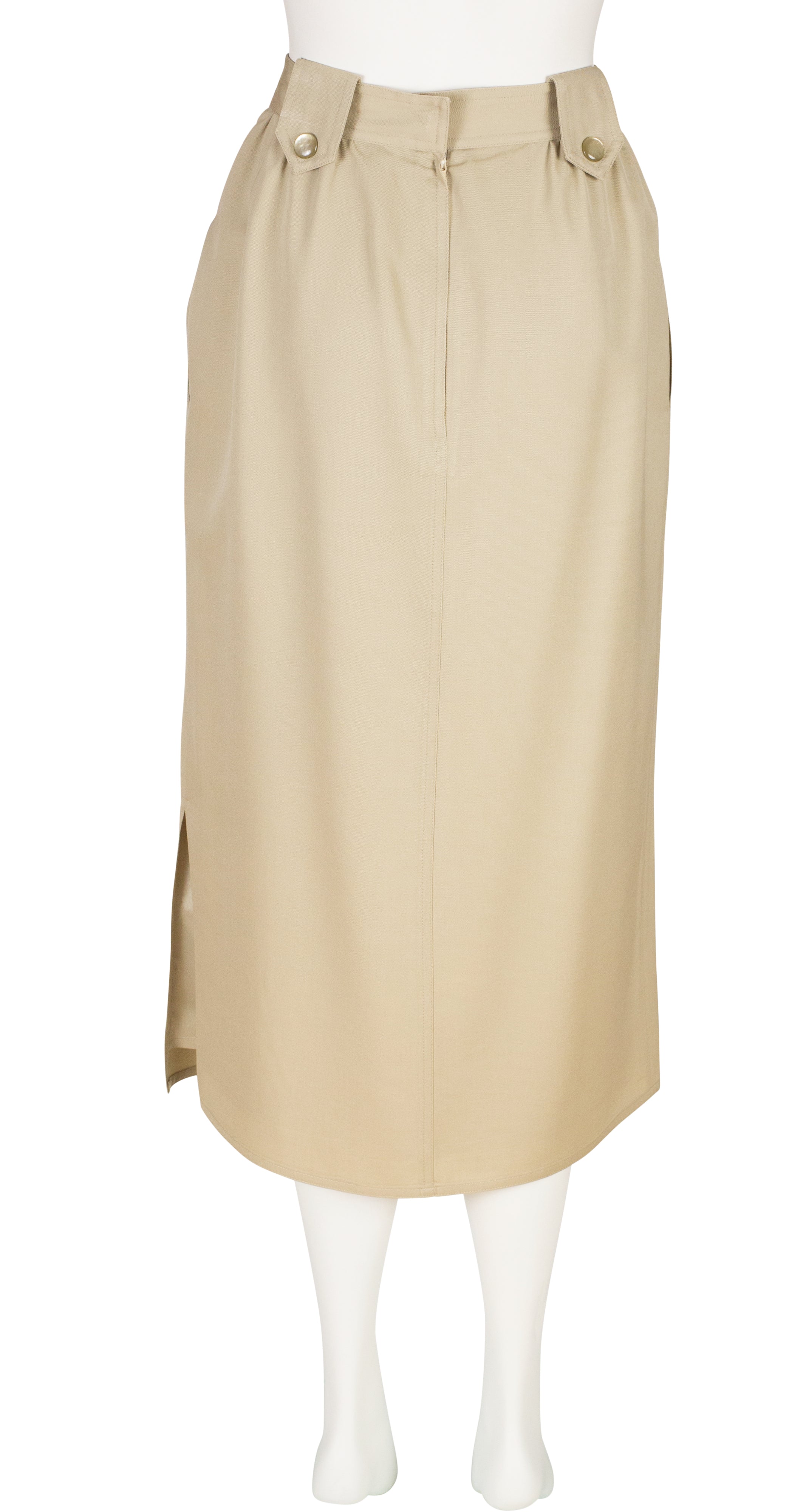 1980s Khaki Wool Gabardine Pleated Midi Skirt