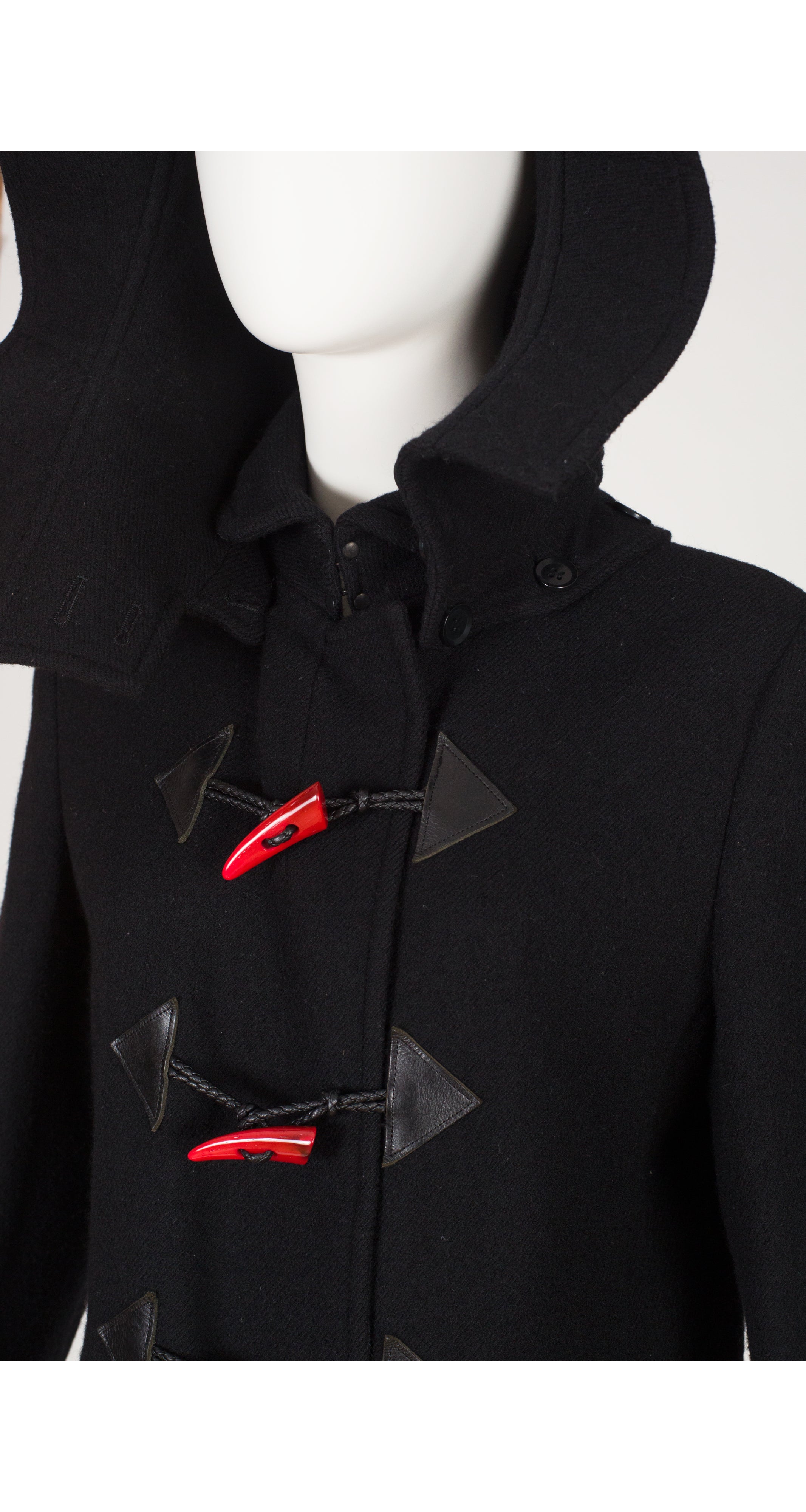 Red Toggle Black Wool Duffle Hooded Coat