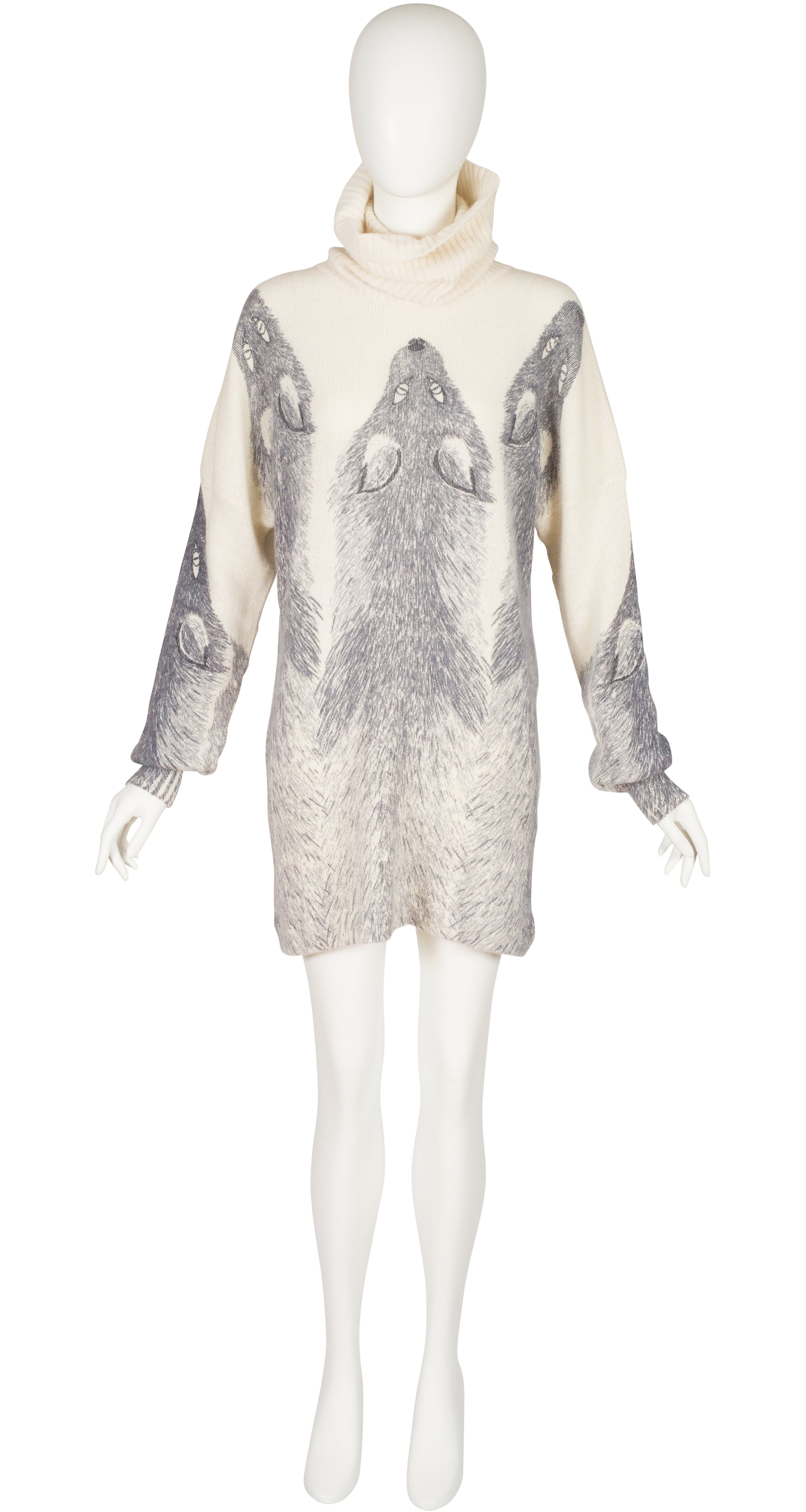 1980s Fox Stole Print Cream Angora Turtleneck Sweater Dress