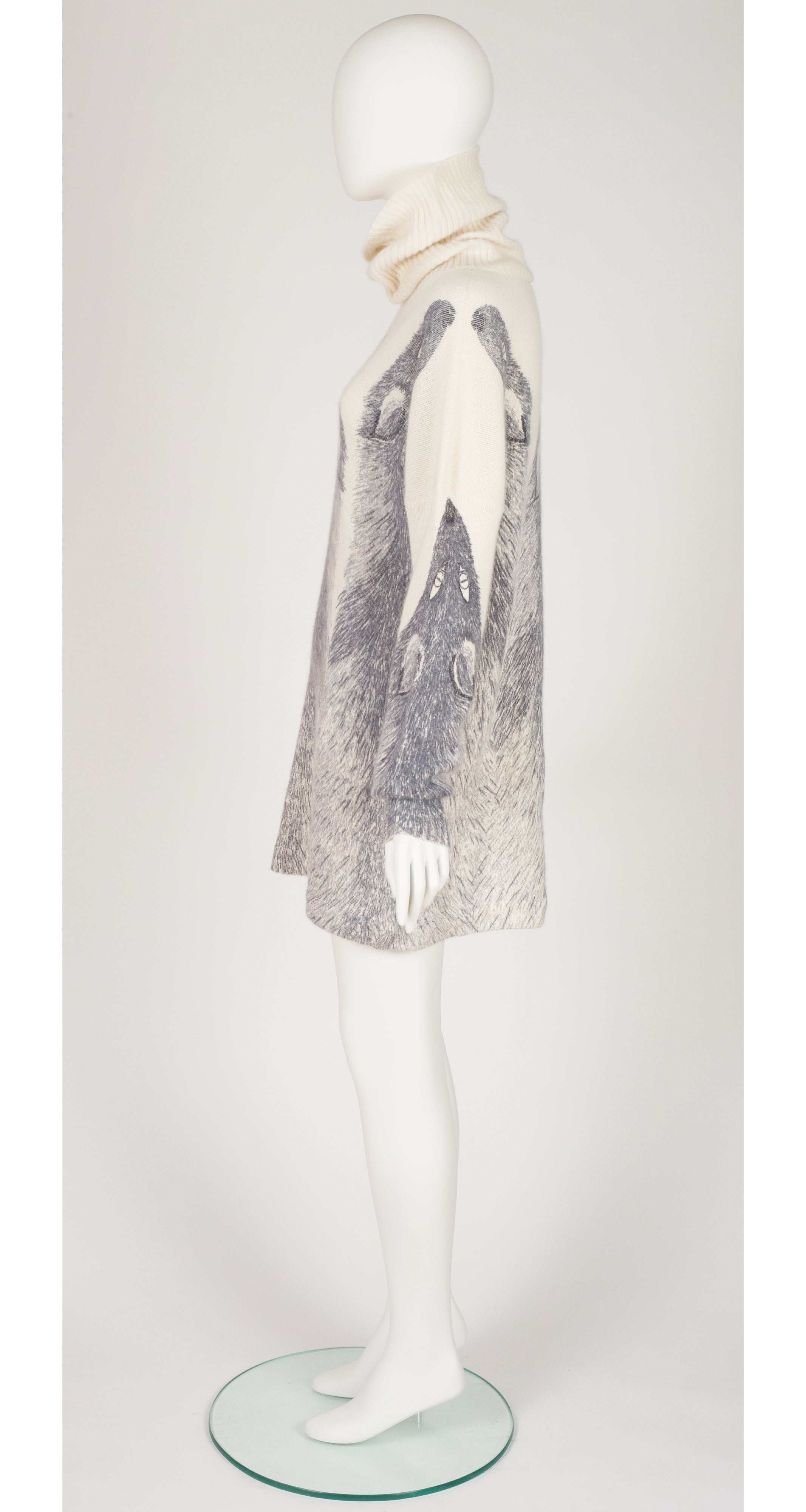 1980s Fox Stole Print Cream Angora Turtleneck Sweater Dress