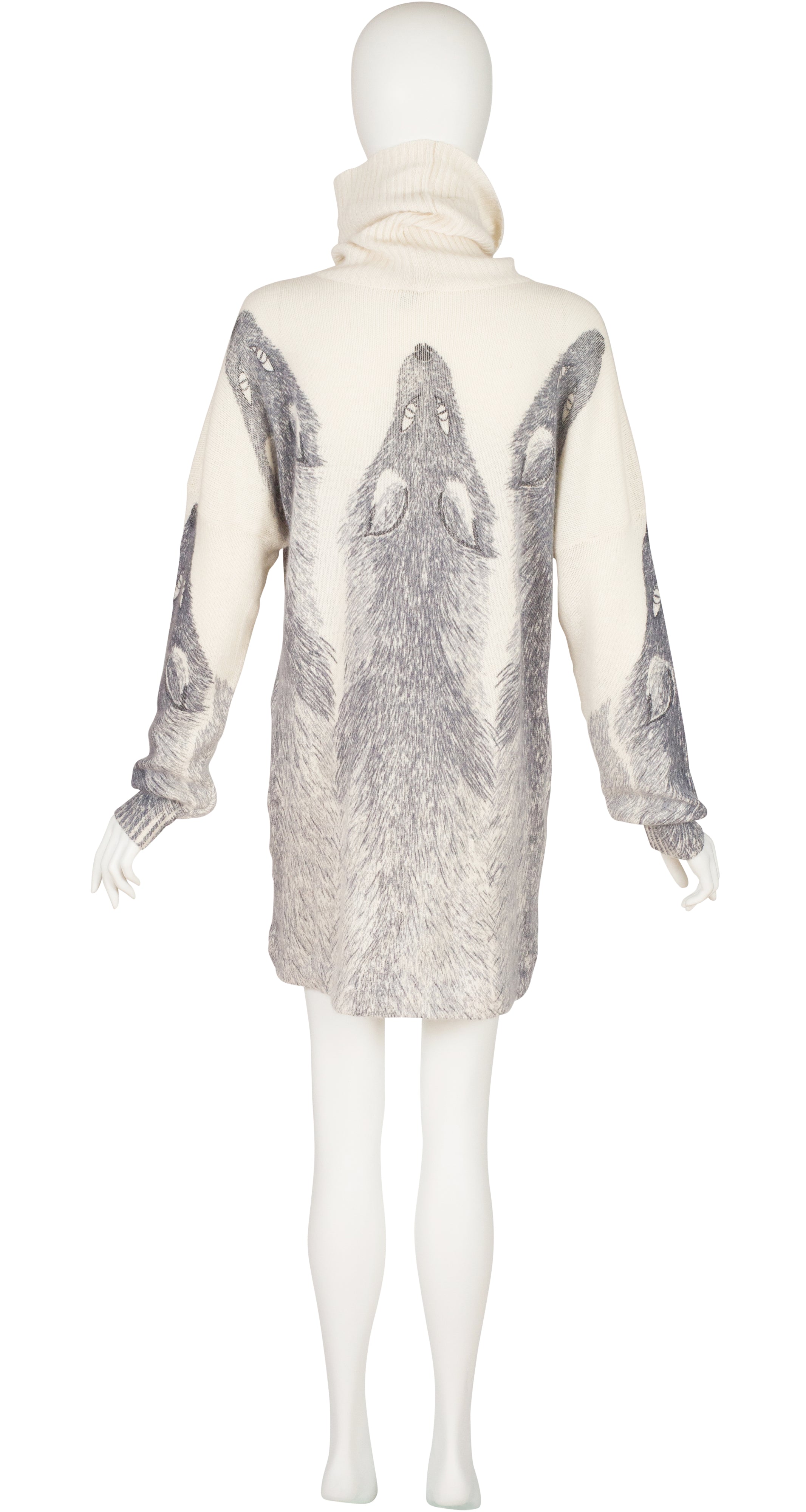 1980s Fox Stole Print Cream Angora Turtleneck Sweater Dress