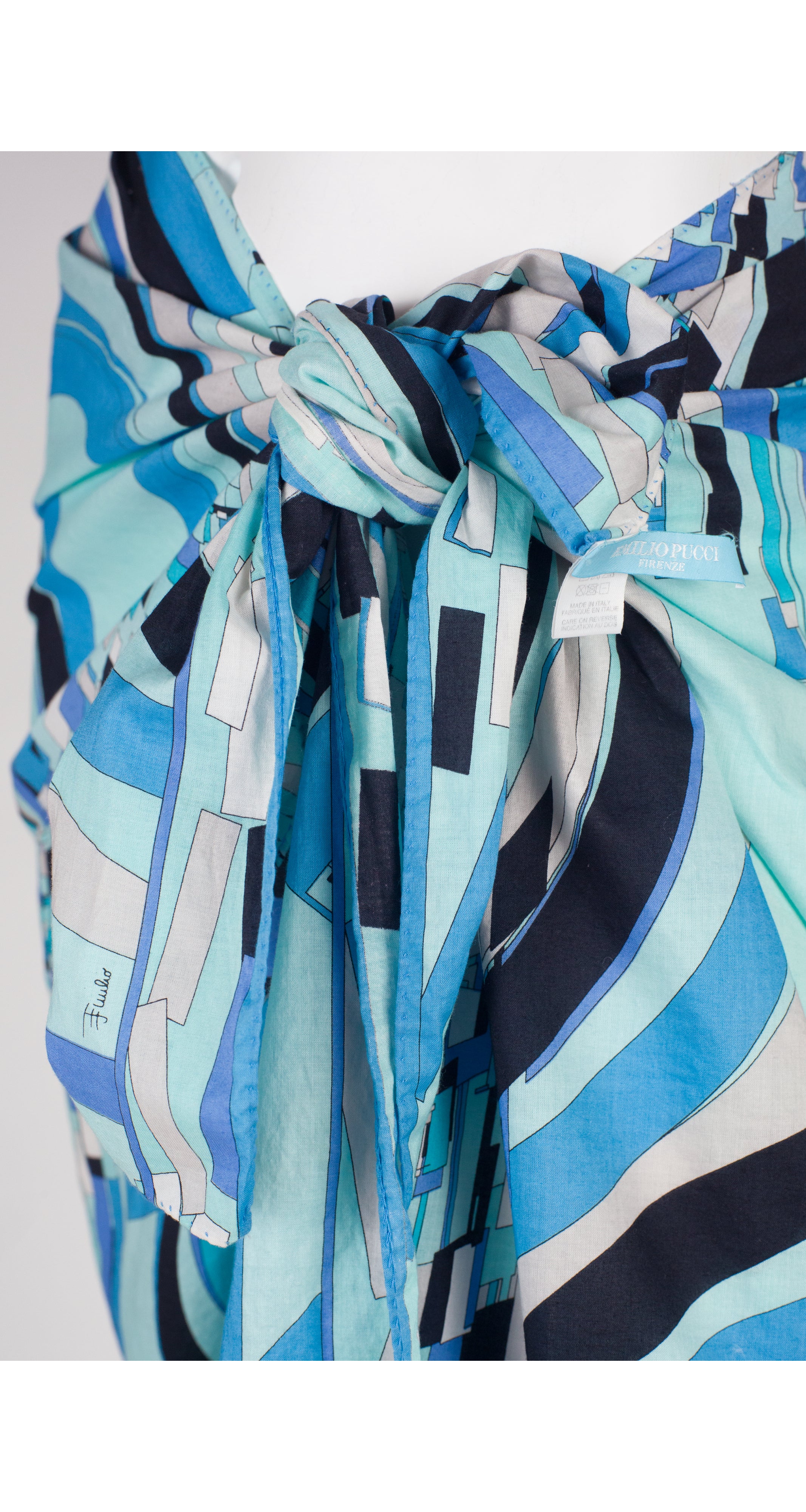 2000s Blue Geometric Print Cotton Beach Pareo