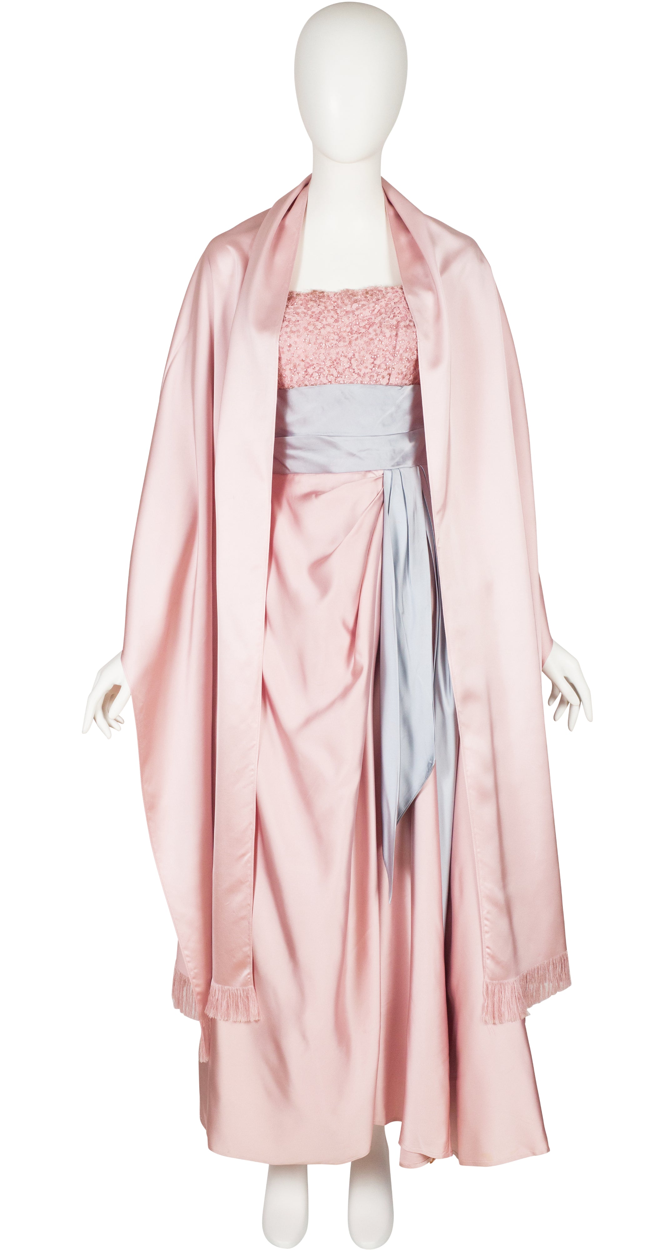 1950s Pink & Blue Satin Gown with Shawl