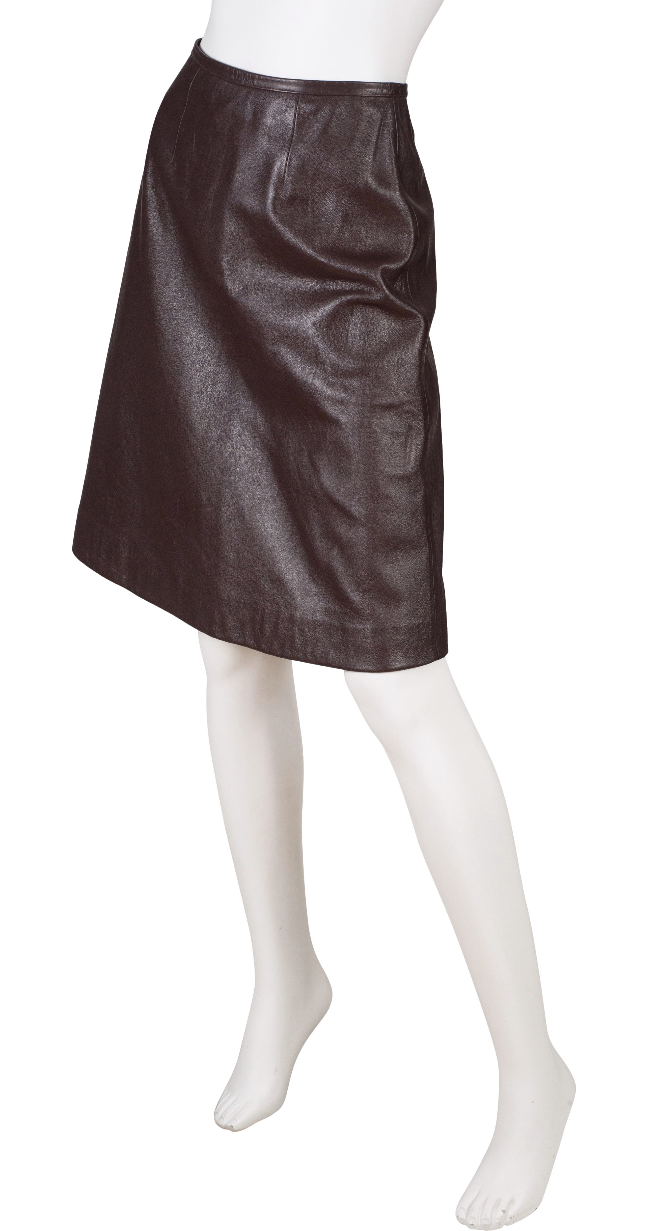 1970s Mod Yellow Trim Brown Leather Jacket & Skirt Set