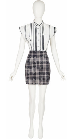1980s Monochrome Mix Print Cotton Top & Mini Skirt Set