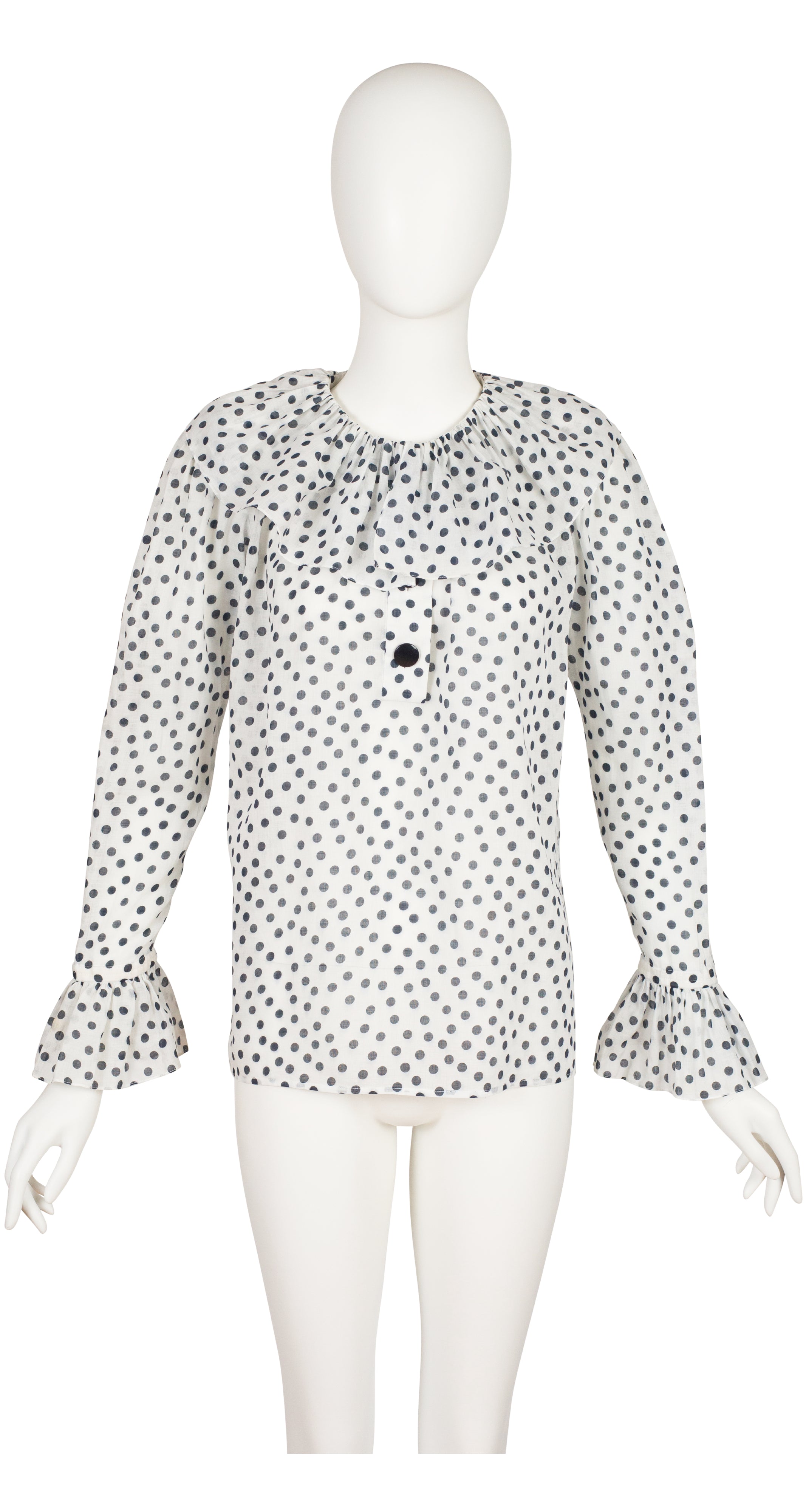 1980s Polka Dot White Cotton Gauze Ruffle Collar Blouse