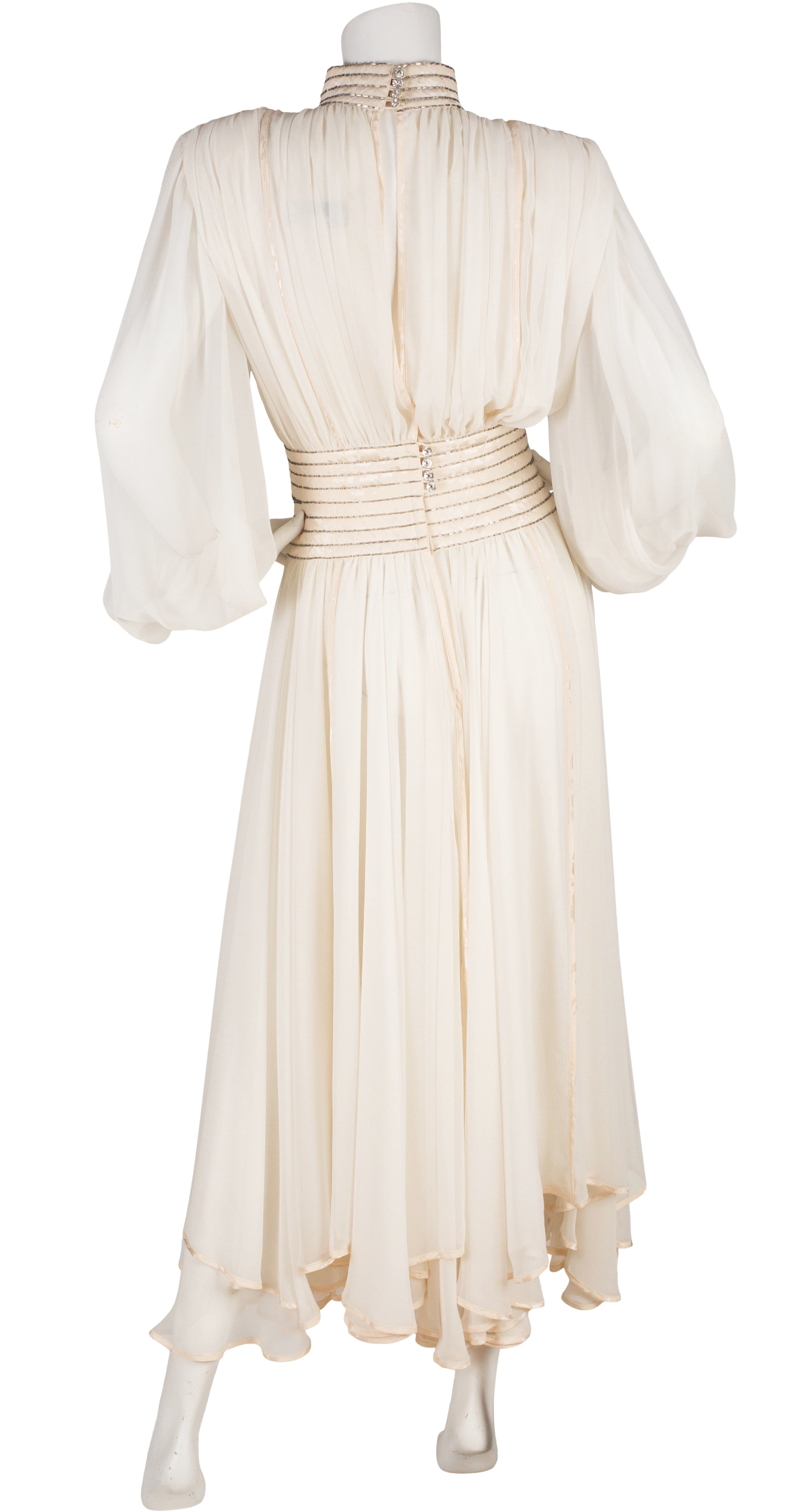 1980s Beaded White Chiffon Balloon Sleeve Evening Dress