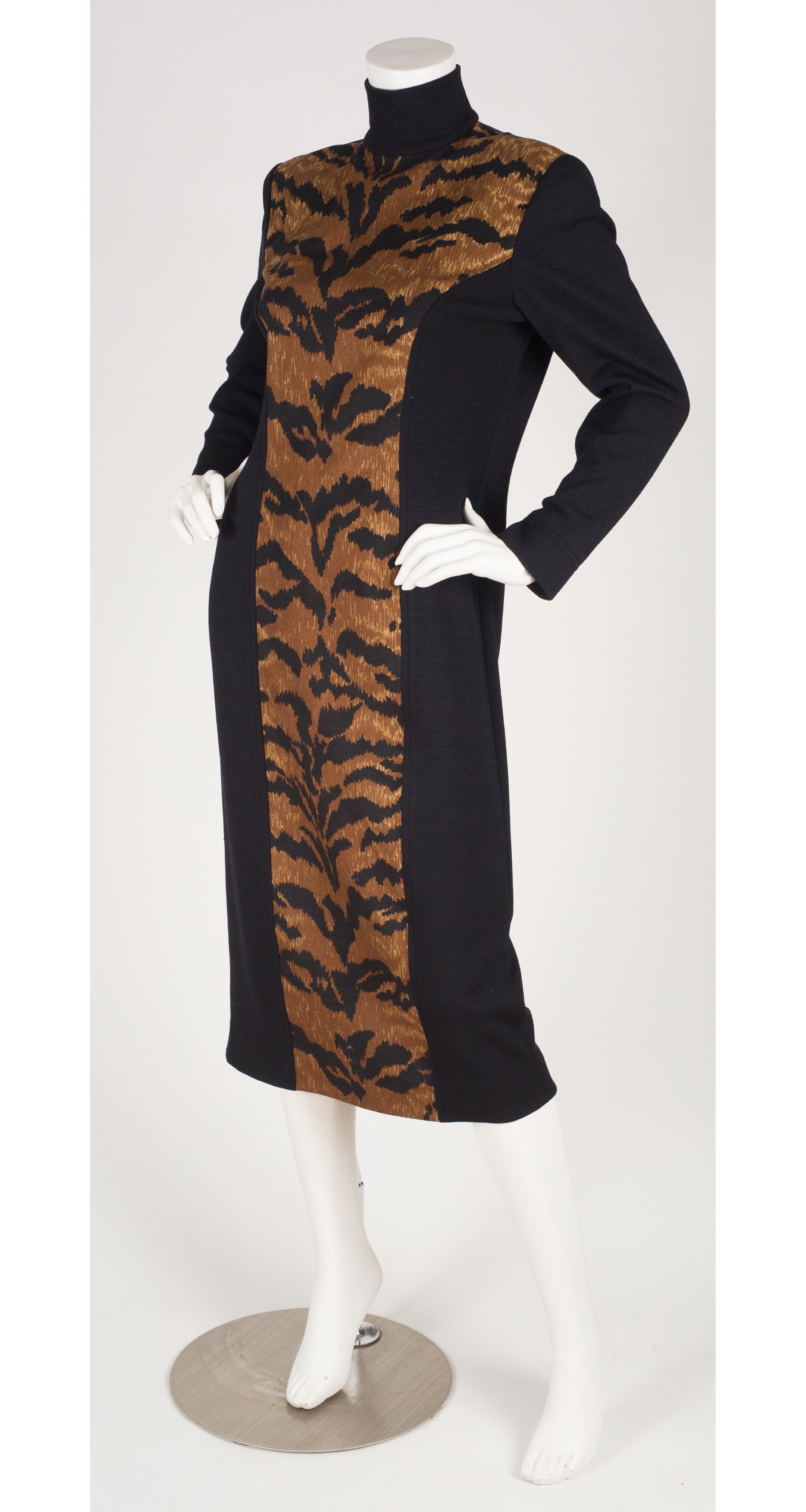 1980s Tiger Print Black Knit Bodycon Dress