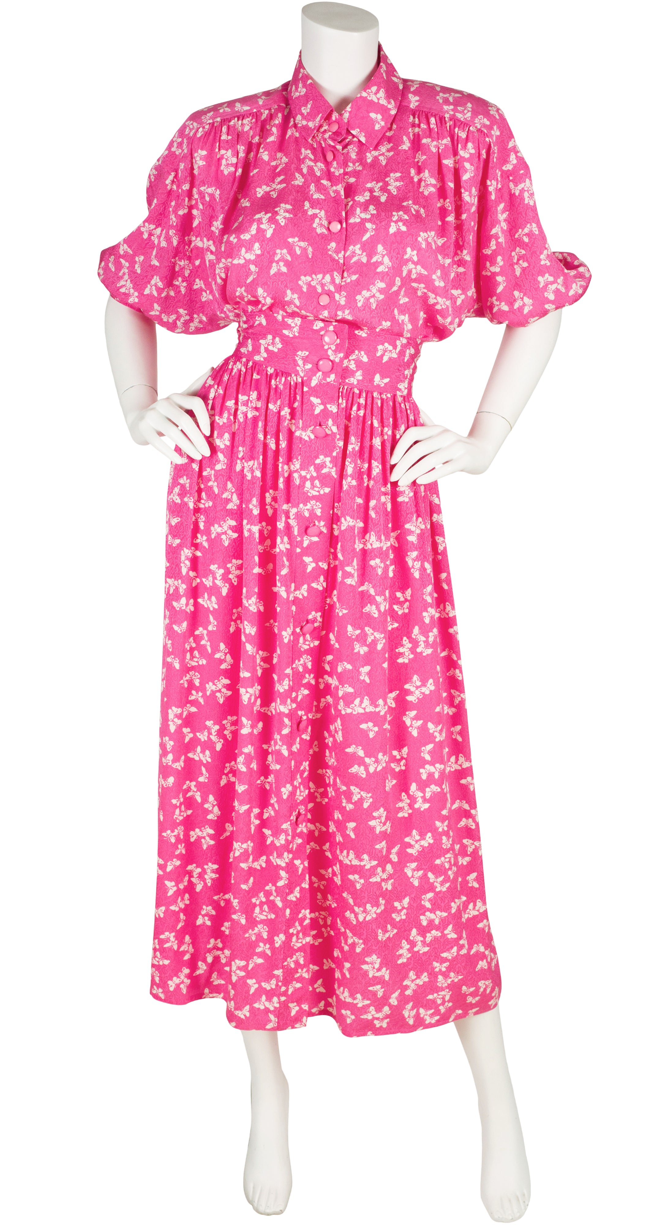 1980s Butterfly Print Pink Silk Jacquard Blouse & Skirt Set