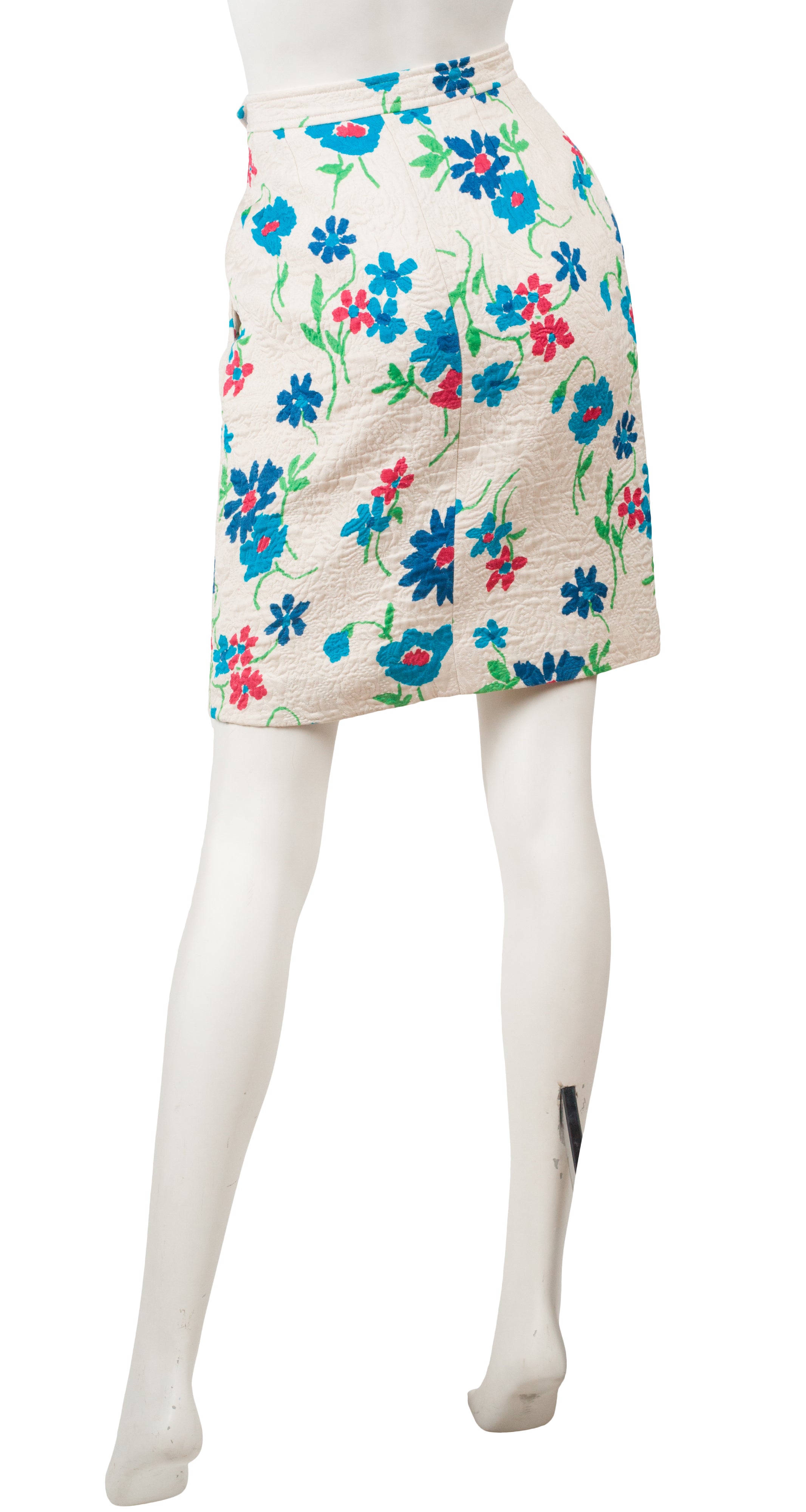 1996 S/S Floral White Quilted Cotton & Wool Pencil Skirt