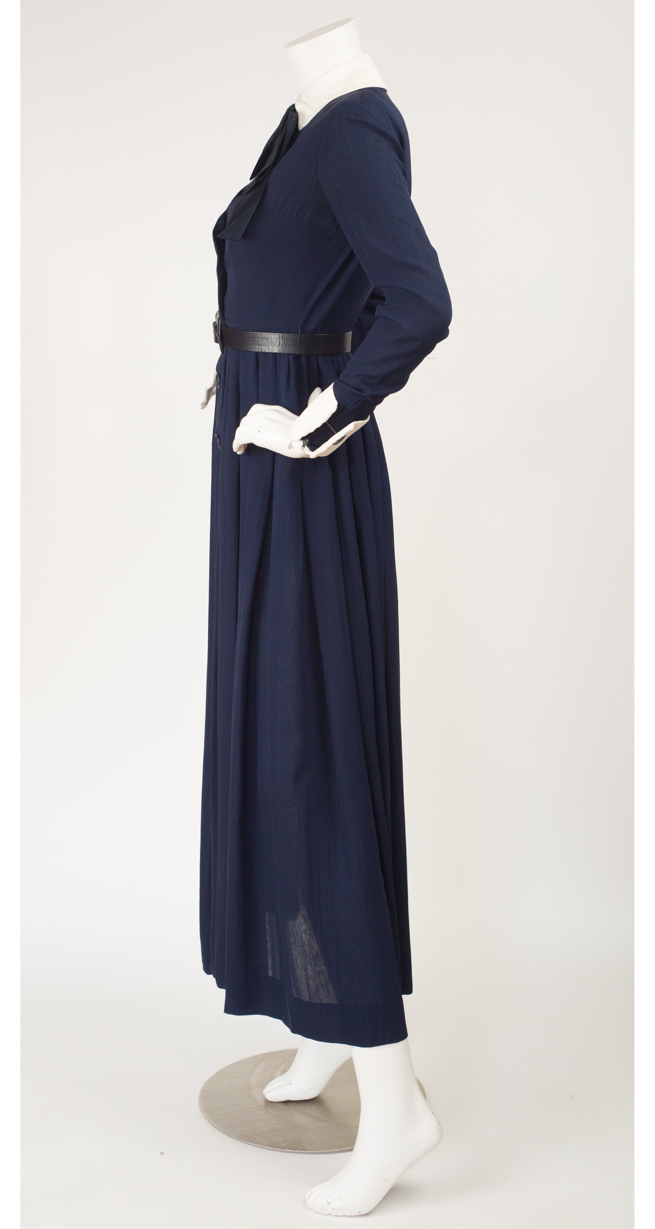 1972 Navy Silk Chiffon Collared Tuxedo Dress
