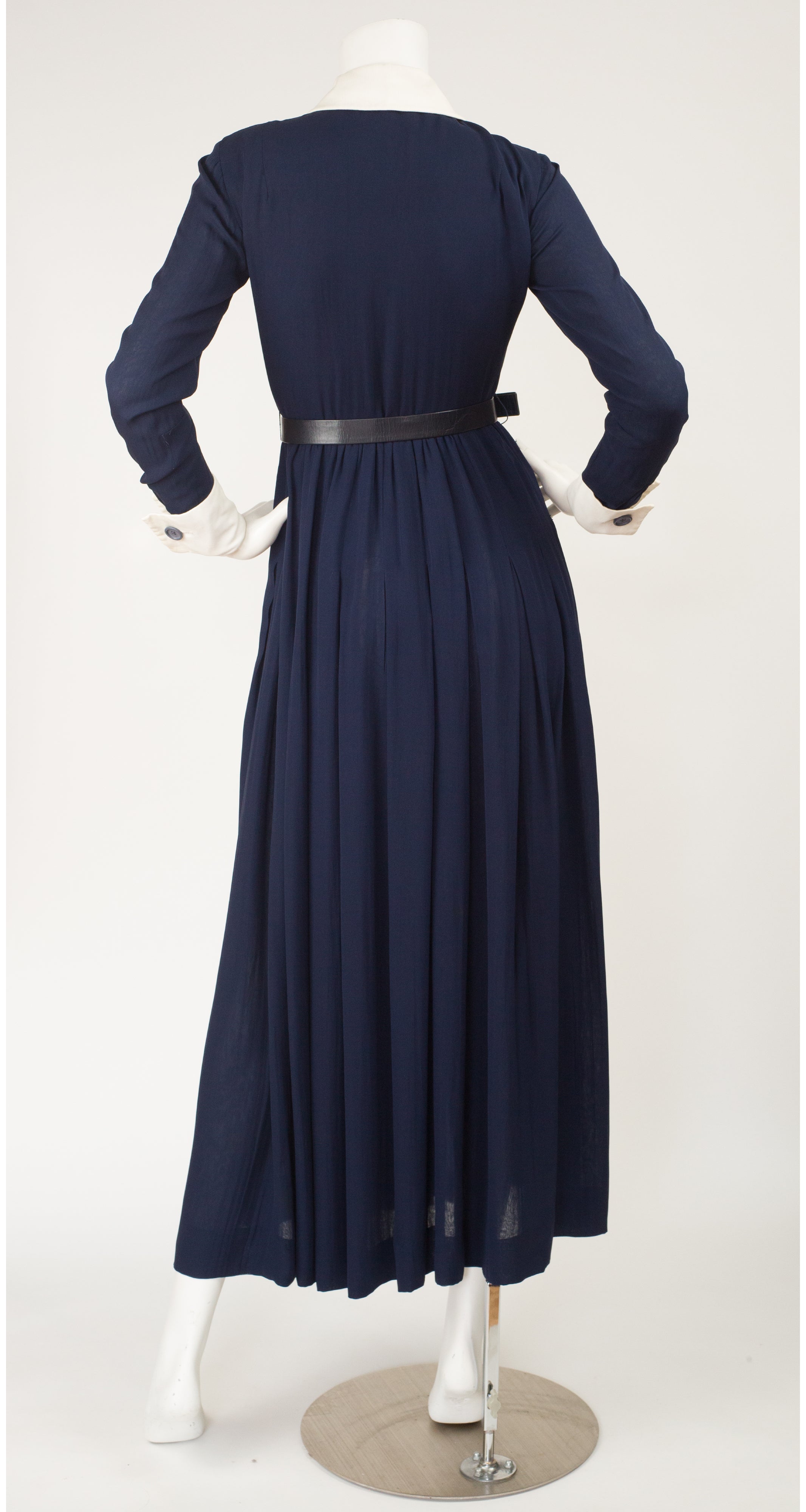 1972 Navy Silk Chiffon Collared Tuxedo Dress