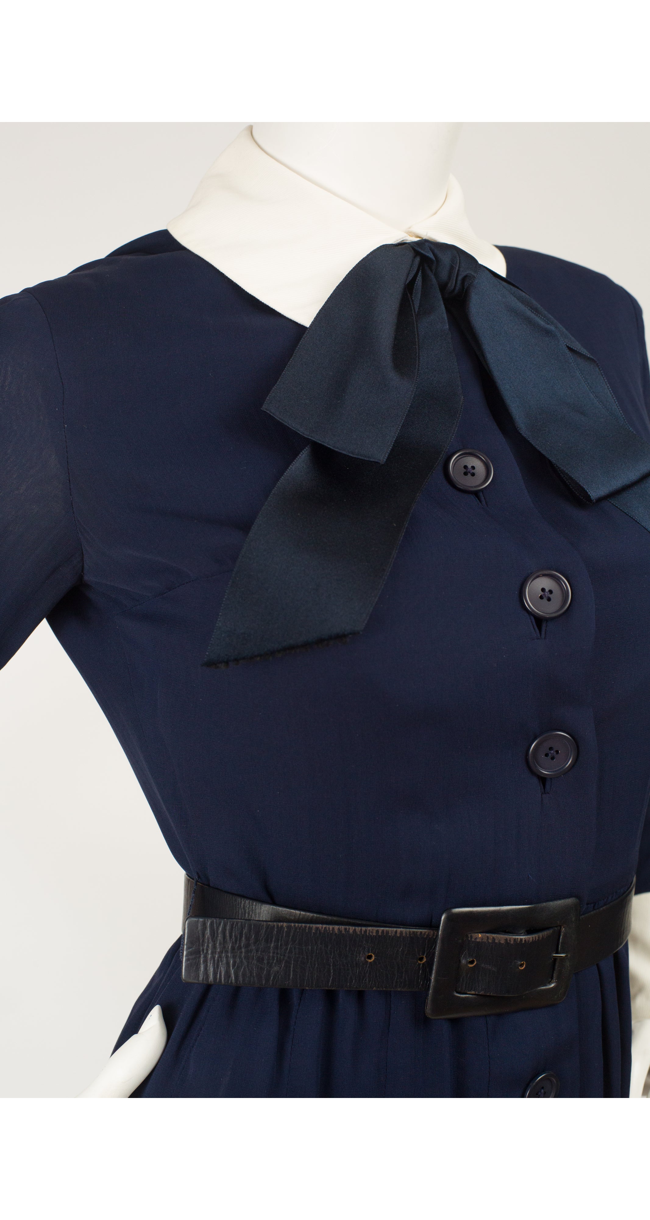 1972 Navy Silk Chiffon Collared Tuxedo Dress