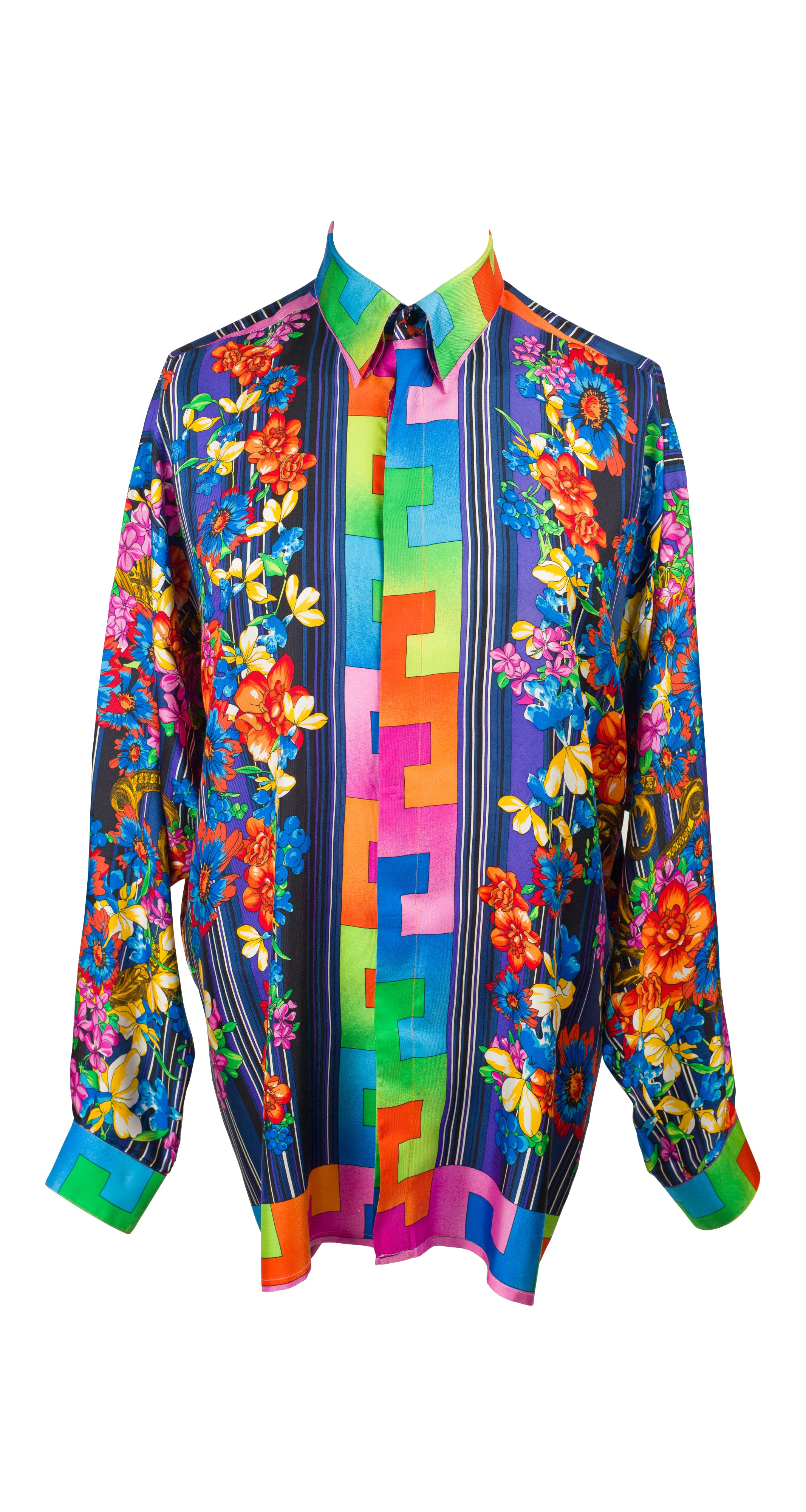 1990s Men's Floral Silk Twill Button Down Shirt