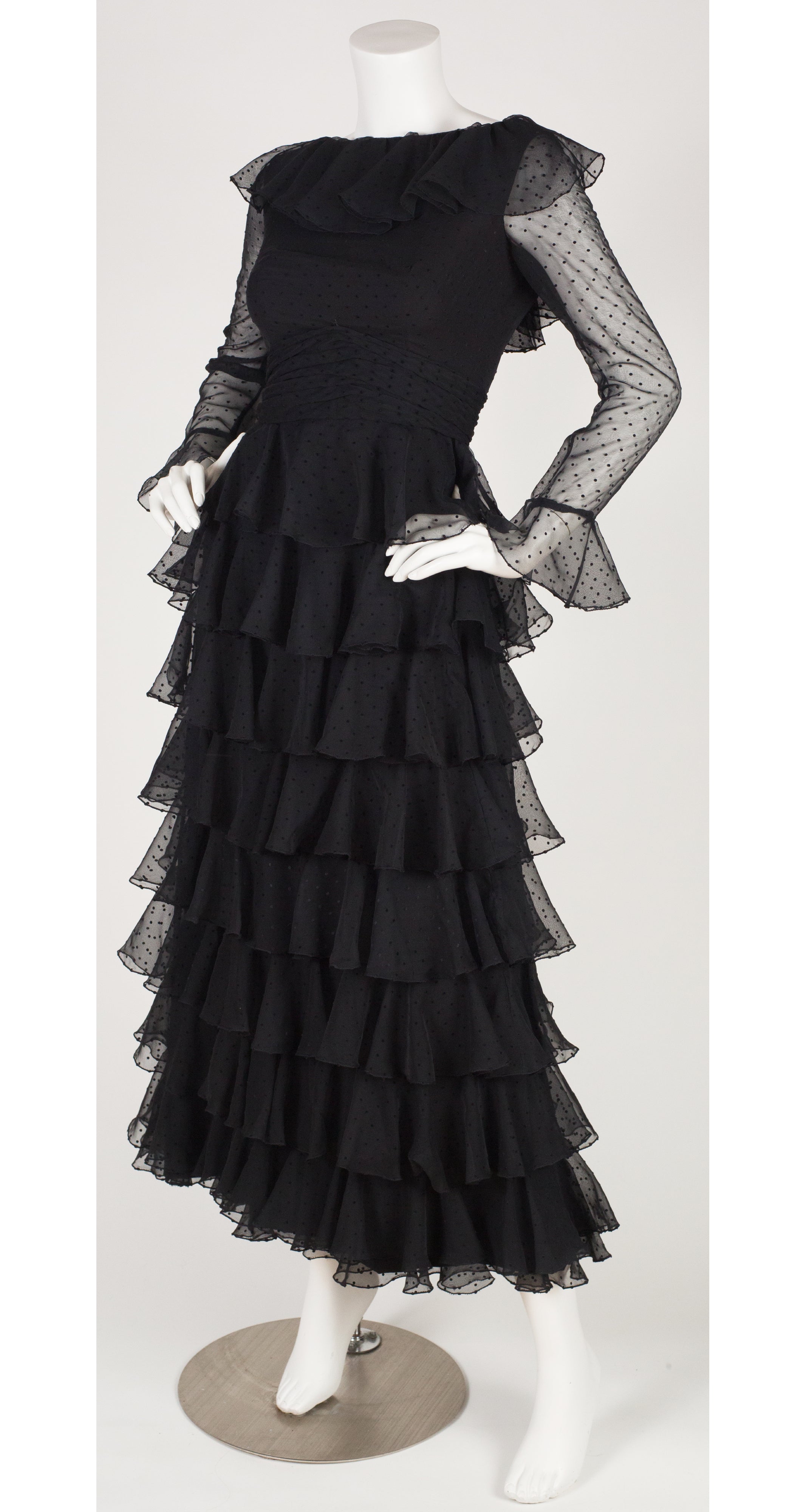 1970s Black Polka-Dot Tiered Ruffle Gown