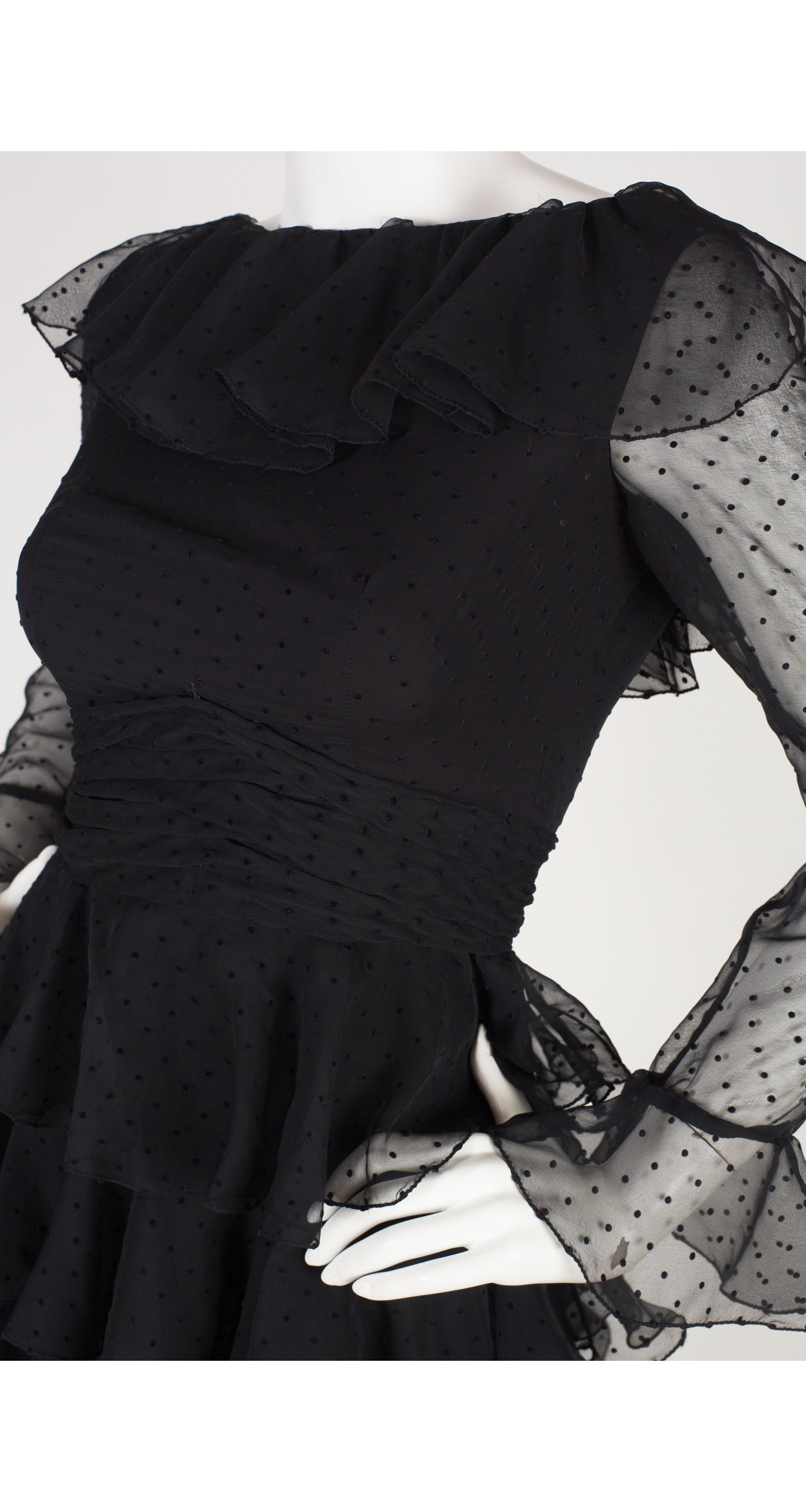 1970s Black Polka-Dot Tiered Ruffle Gown